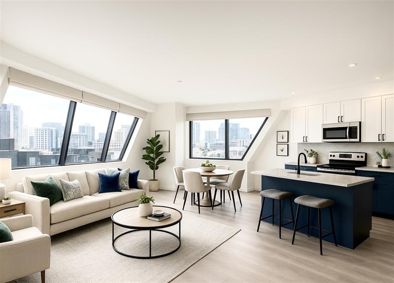 Spacious living room and kitchen area with an open layout and large windows offering city views from an apartment at Rainbow Road in Phoenix, AZ.