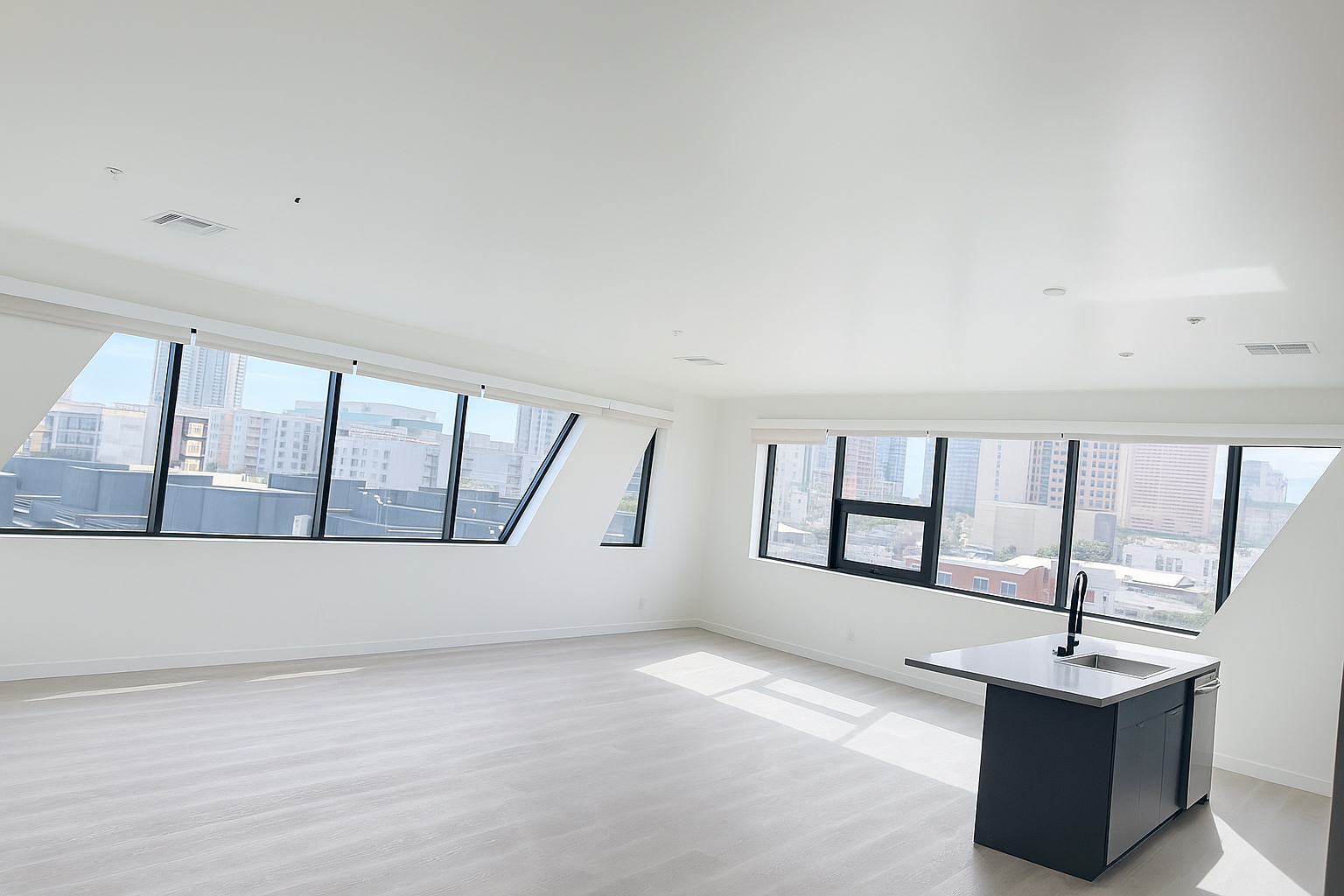 Spacious living room and kitchen area with an open layout and large windows offering city views from an apartment at Rainbow Road in Phoenix, AZ.