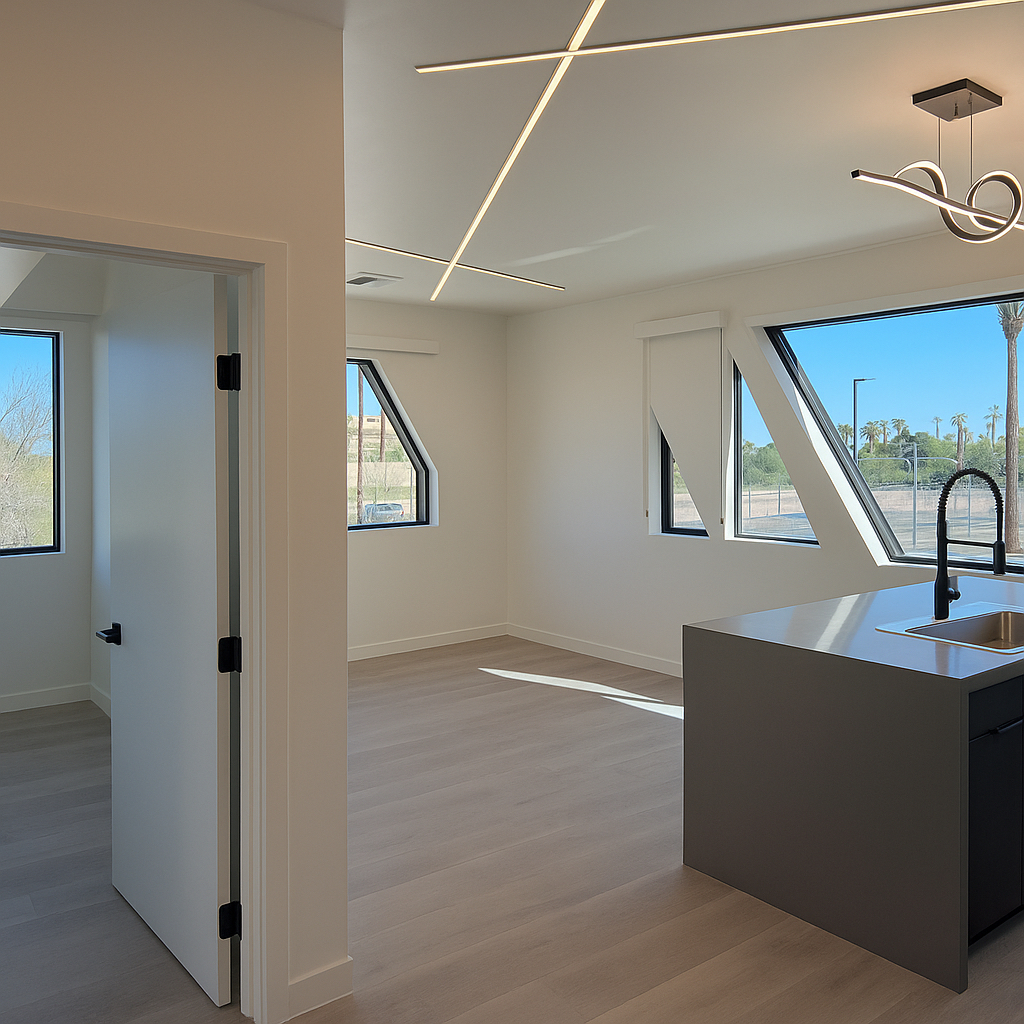 Modern kitchen with a black island, white cabinets, and large windows in an apartment at Rainbow Road in Phoenix, AZ