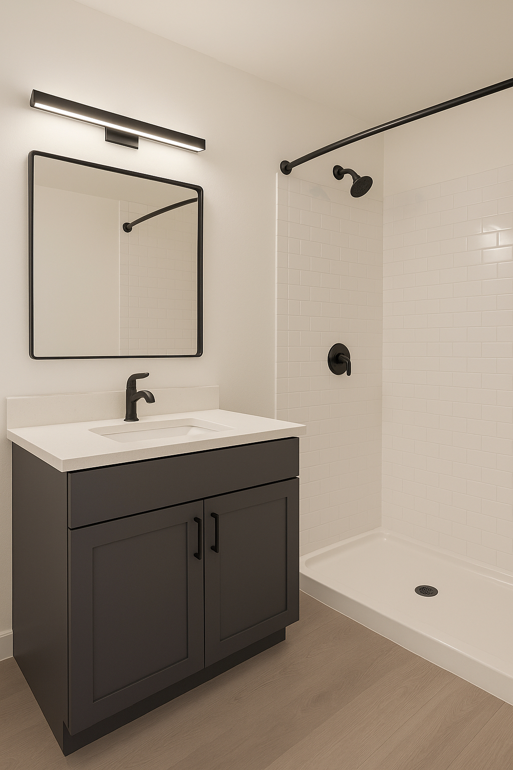 Modern bathroom with white walls and black vanity 