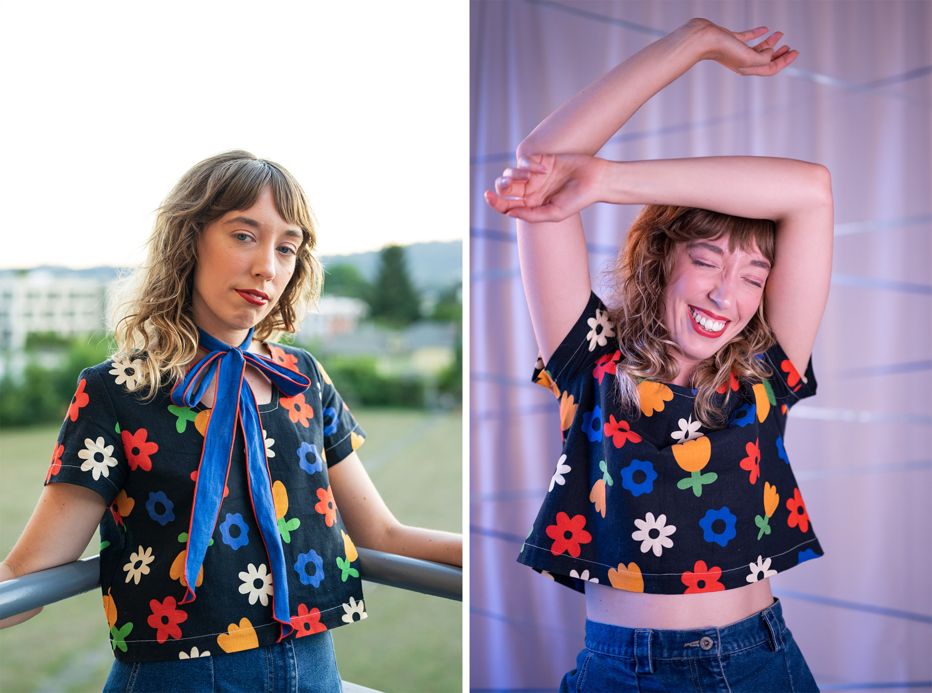 a pair of images with Kayla, one outside and one in studio, wearing the same floral top