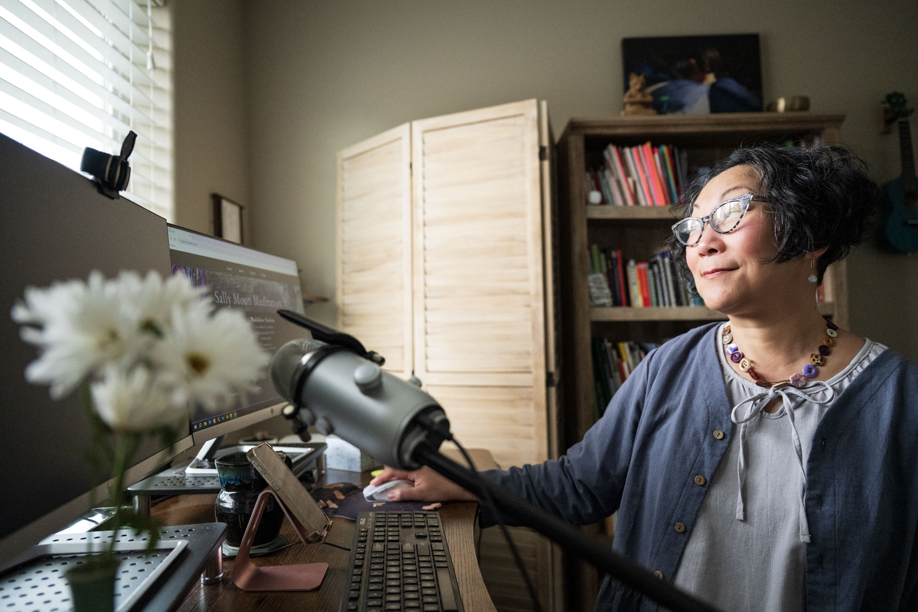 portland meditator sally moon lee works in her office