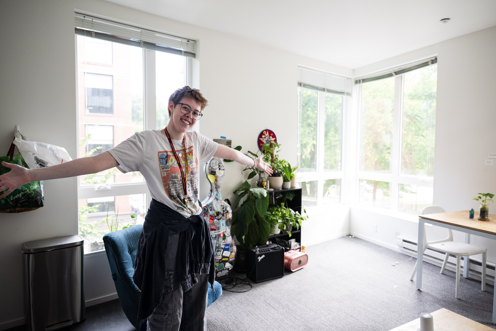 a PNCA student shows off their new dorm room in downtown Portland