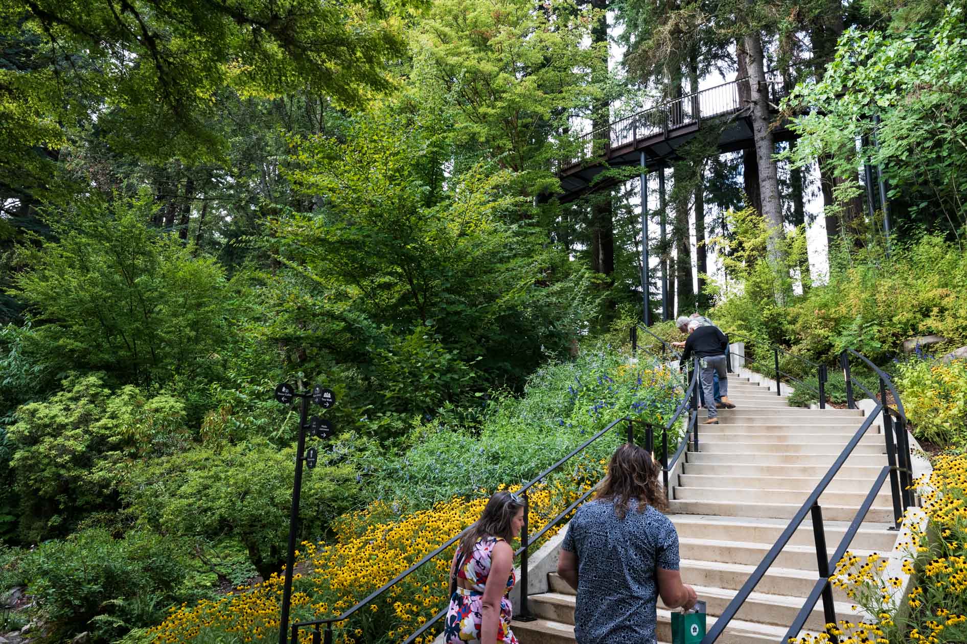 Guests walk up a grand staircase flanked by yellow flowers at the Feast in the Garden event in SE Portland, leading to the Tree Canopy Walk.