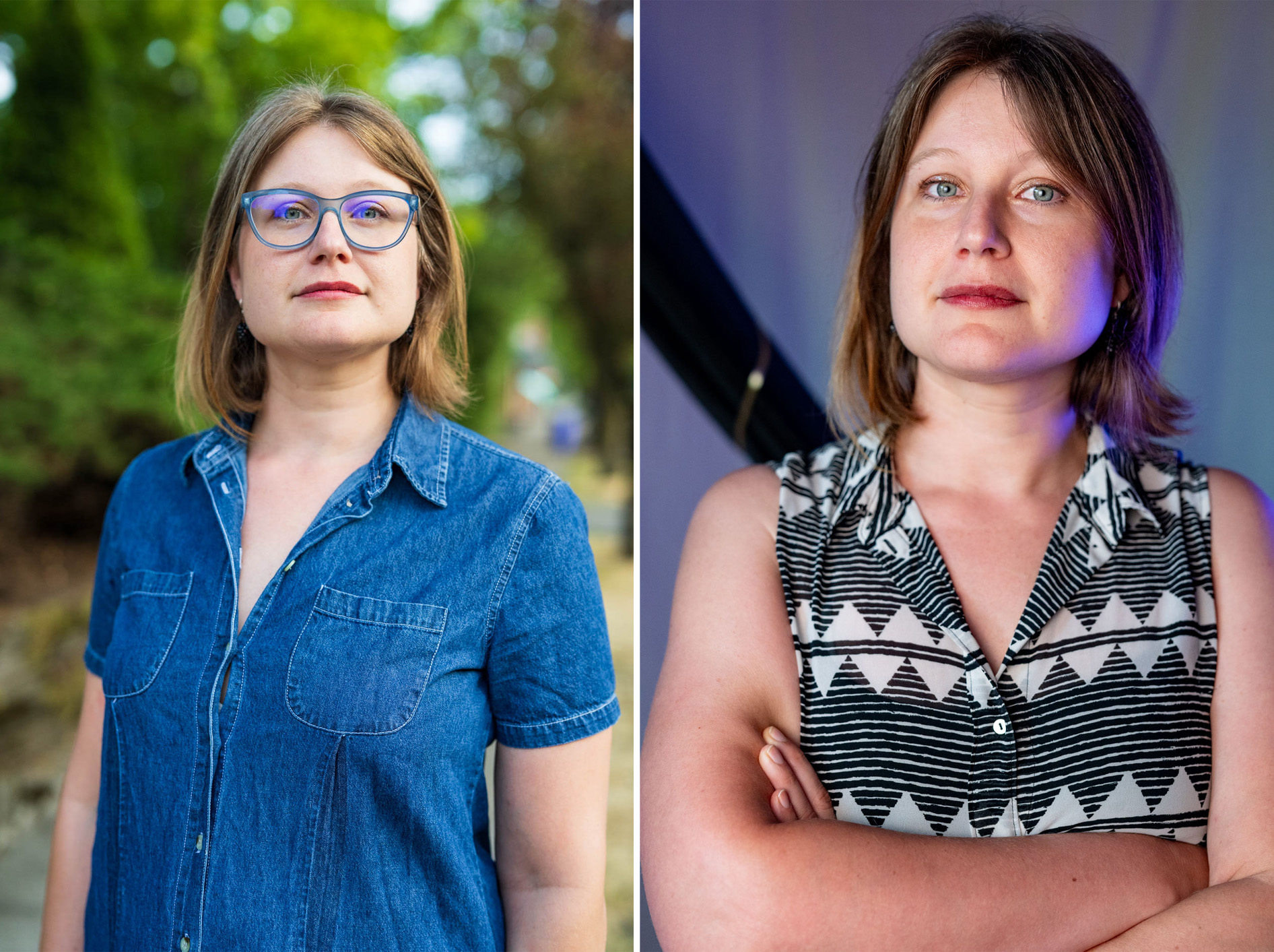 A side-by-side comparison of two professional headshots for Laura Nash. On the left, she wears blue glasses and a denim shirt in a soft-focus outdoor setting. On the right, she poses with arms crossed in a patterned shirt with creative blue studio lighting.