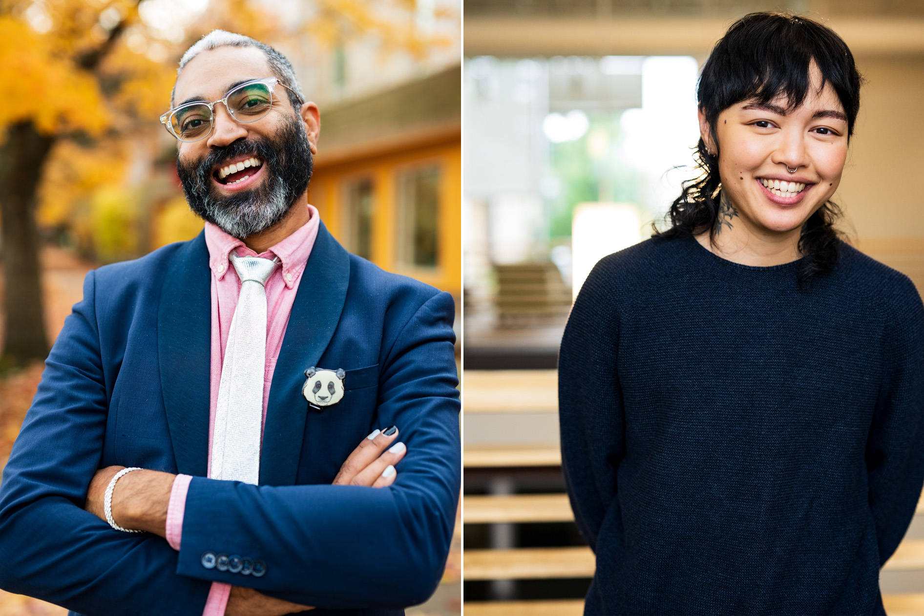 A side-by-side composite of two professional headshots. On the left, a person with a beard and glasses laughs joyfully, wearing a blue blazer with a panda pin and a pink shirt. On the right, a person with dark hair and a septum piercing smiles warmly in a navy sweater. Both portraits capture a friendly and authentic professional presence.
