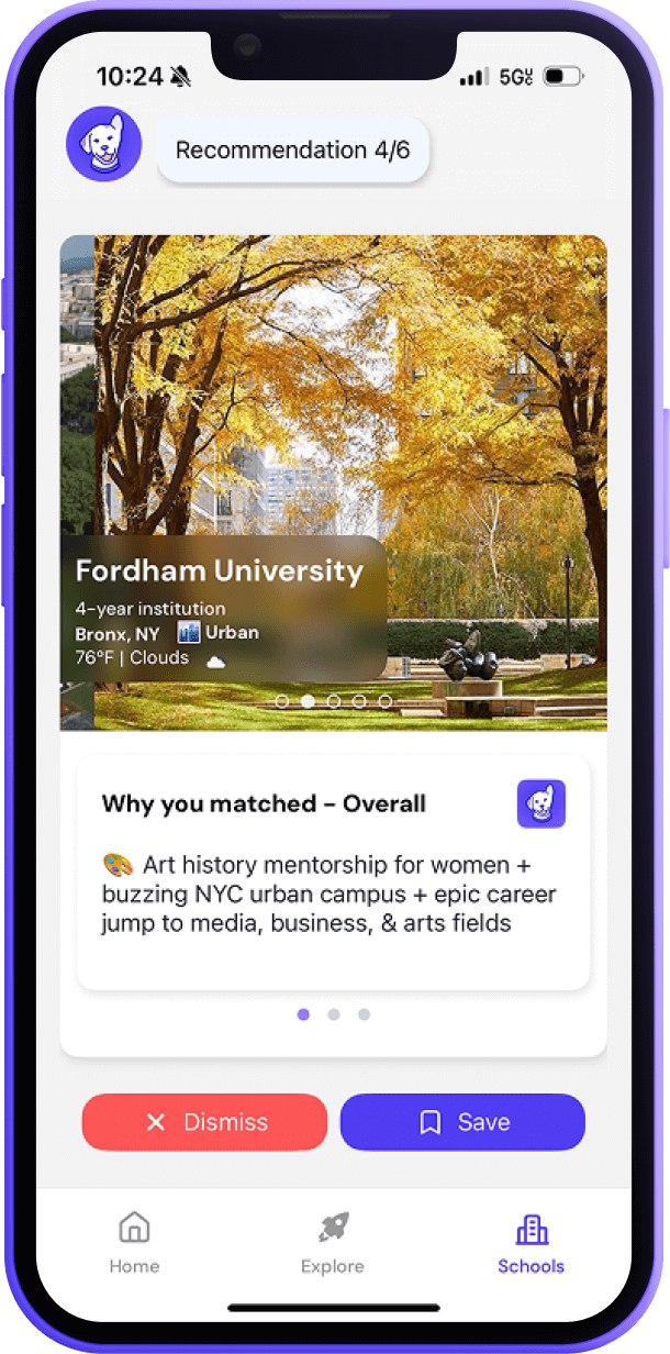 Loper app phone screen displaying a school profile