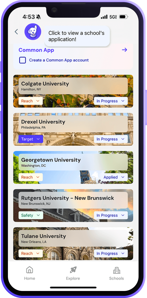 Loper app phone screen displaying a user's saved schools