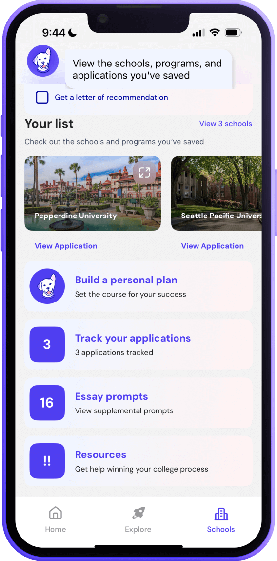 Loper app phone screen displaying the user's saved schools
