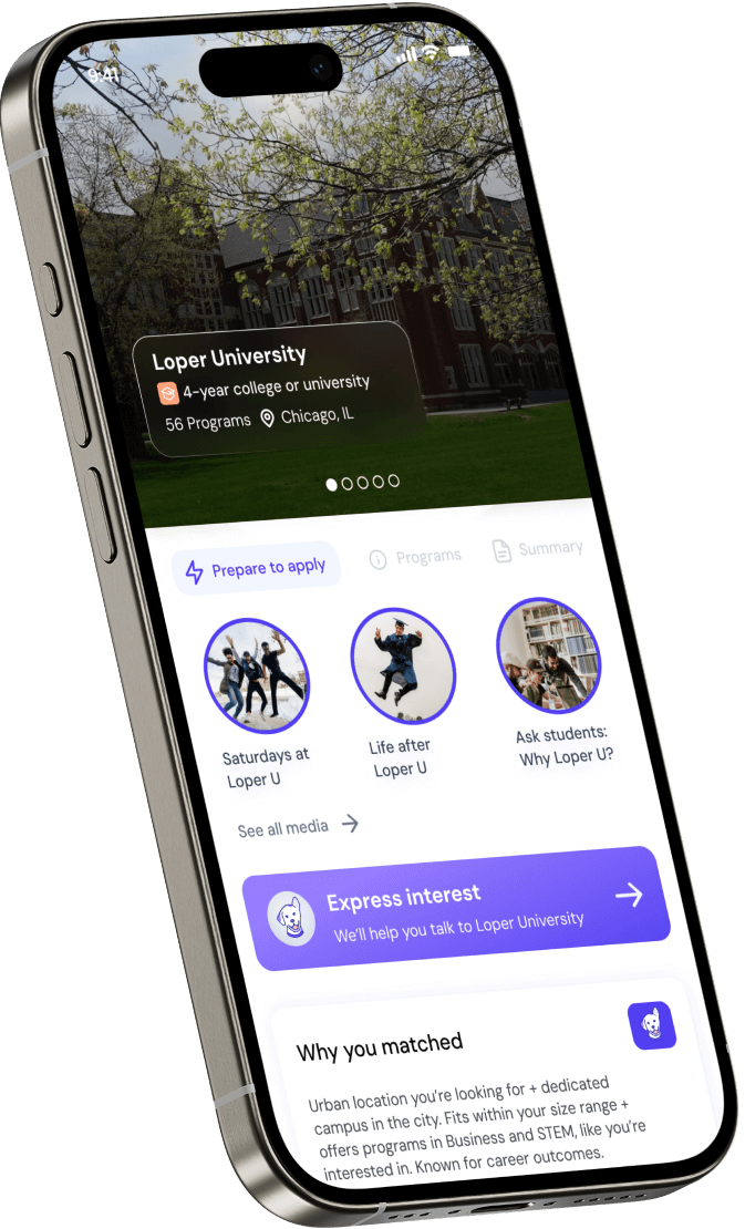 Loper app phone screen featuring a sample of a school profile