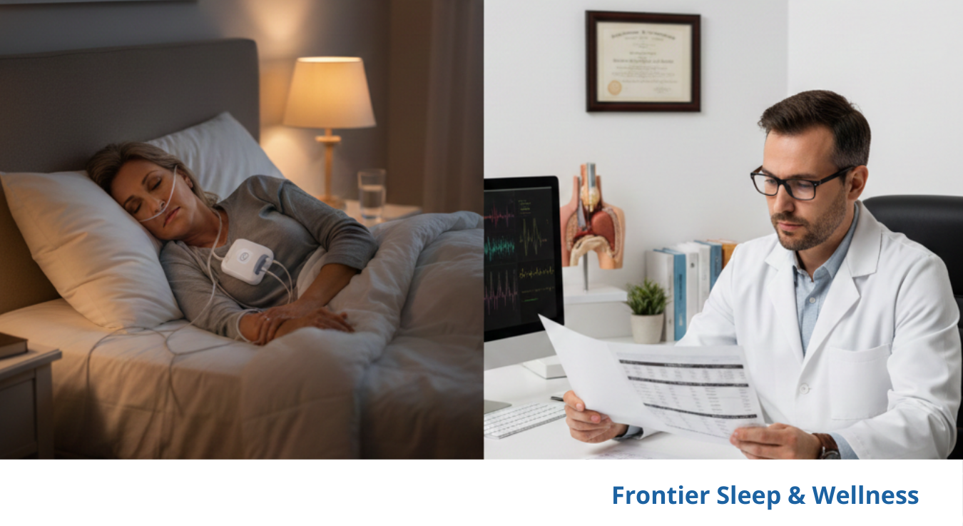 Patient using a home sleep test while sleeping, alongside a clinician reviewing sleep study data in a medical office.