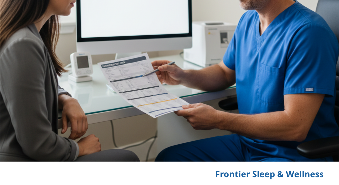 Clinician reviewing home sleep test results with a patient in a medical office, explaining findings during an in-person consultation.