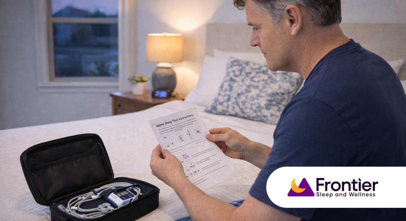 Man reviewing home sleep test instructions beside portable device kit to speed sleep apnea diagnosis and treatment.