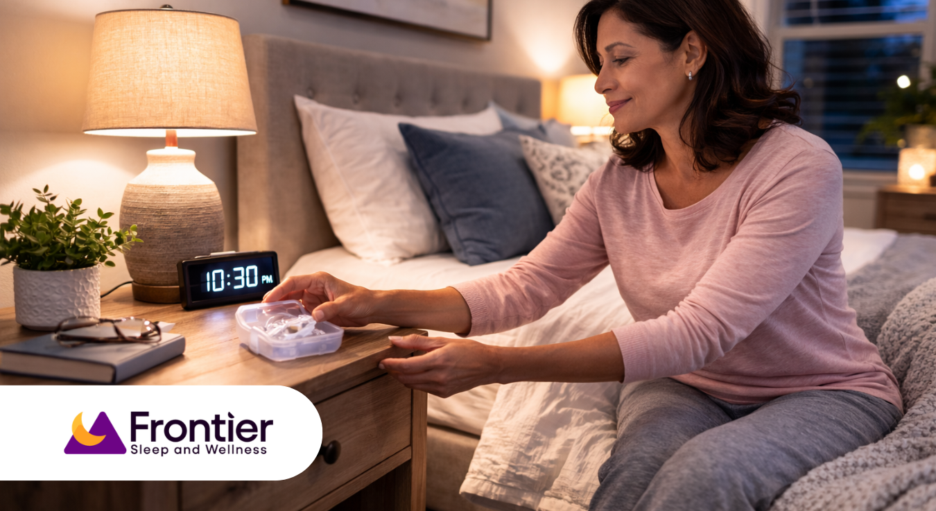 Woman placing oral appliance on nightstand before bed as part of sleep apnea treatment process after diagnosis