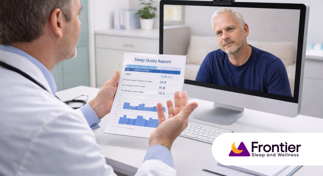 Doctor reviewing sleep study report during telehealth consultation with patient