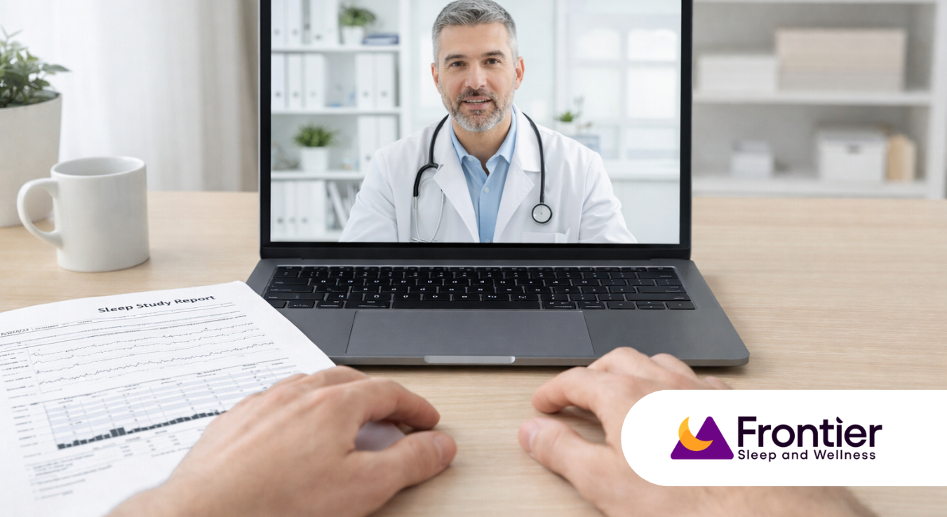 Patient reviewing home sleep test results during telehealth consultation with doctor