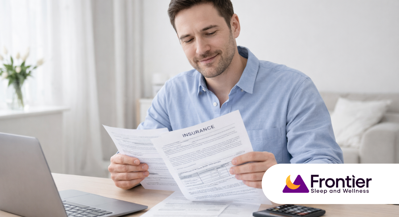 Man reviewing insurance paperwork at home to check coverage for an at-home sleep test
