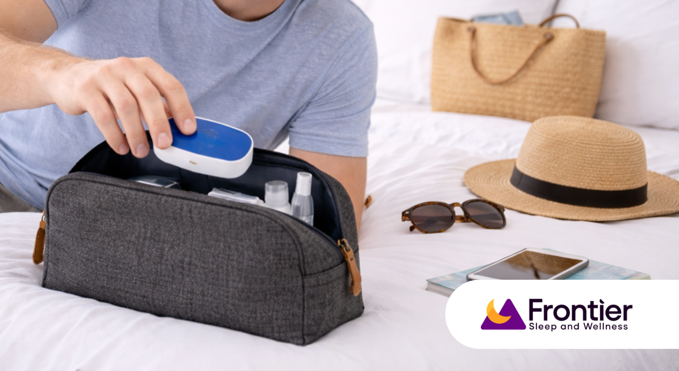 Man packing oral appliance case into travel bag as a portable CPAP alternative for sleep apnea treatment