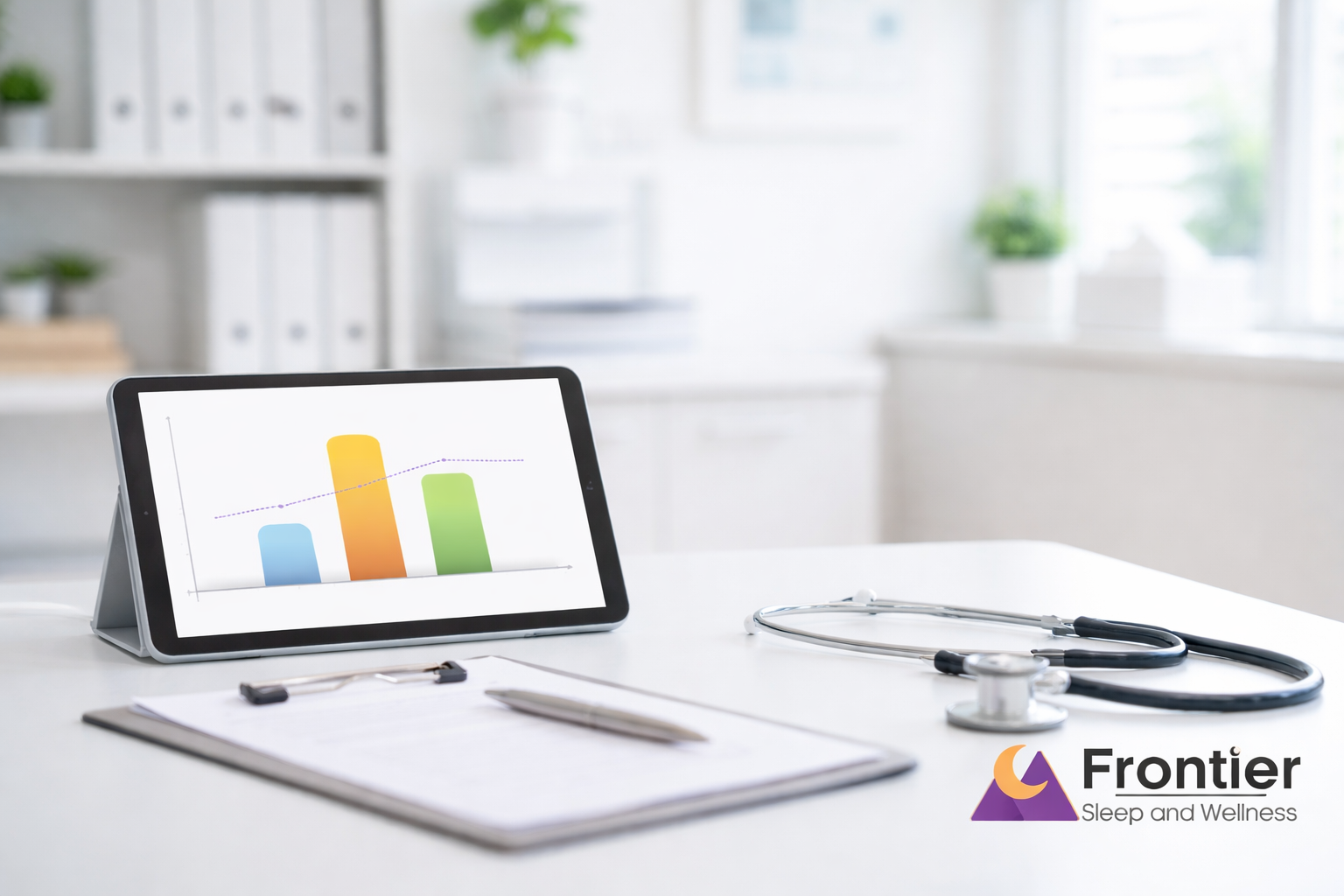 Tablet on a desk displaying a bar chart with an upward trend line, next to a stethoscope and clipboard in a clean medical office; “Frontier Sleep and Wellness” logo in the corner.