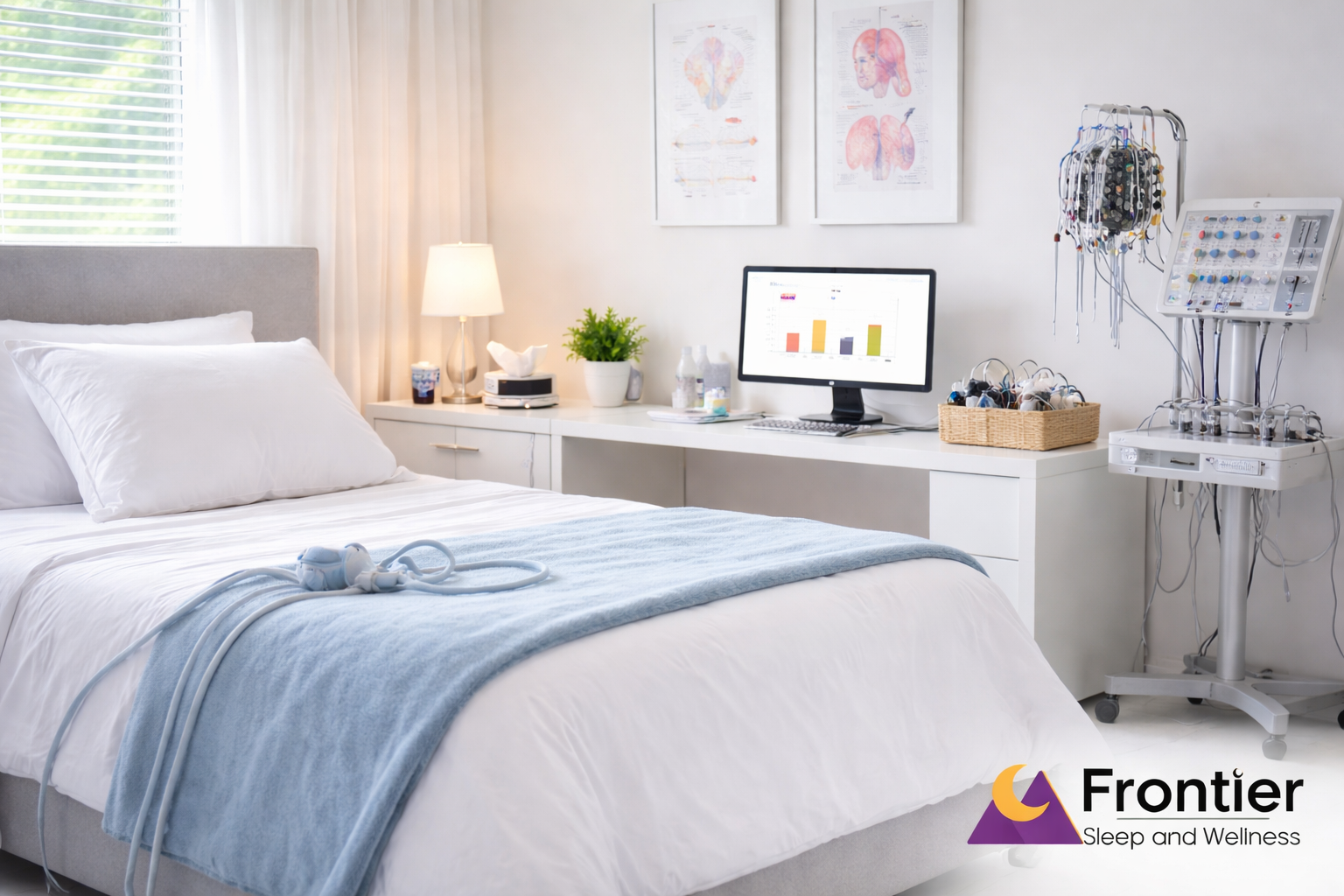 Bright, clean sleep clinic room with a neatly made bed, CPAP mask on the blanket, and medical monitoring equipment and computer displaying a chart on a desk; “Frontier Sleep and Wellness” logo in the corner.