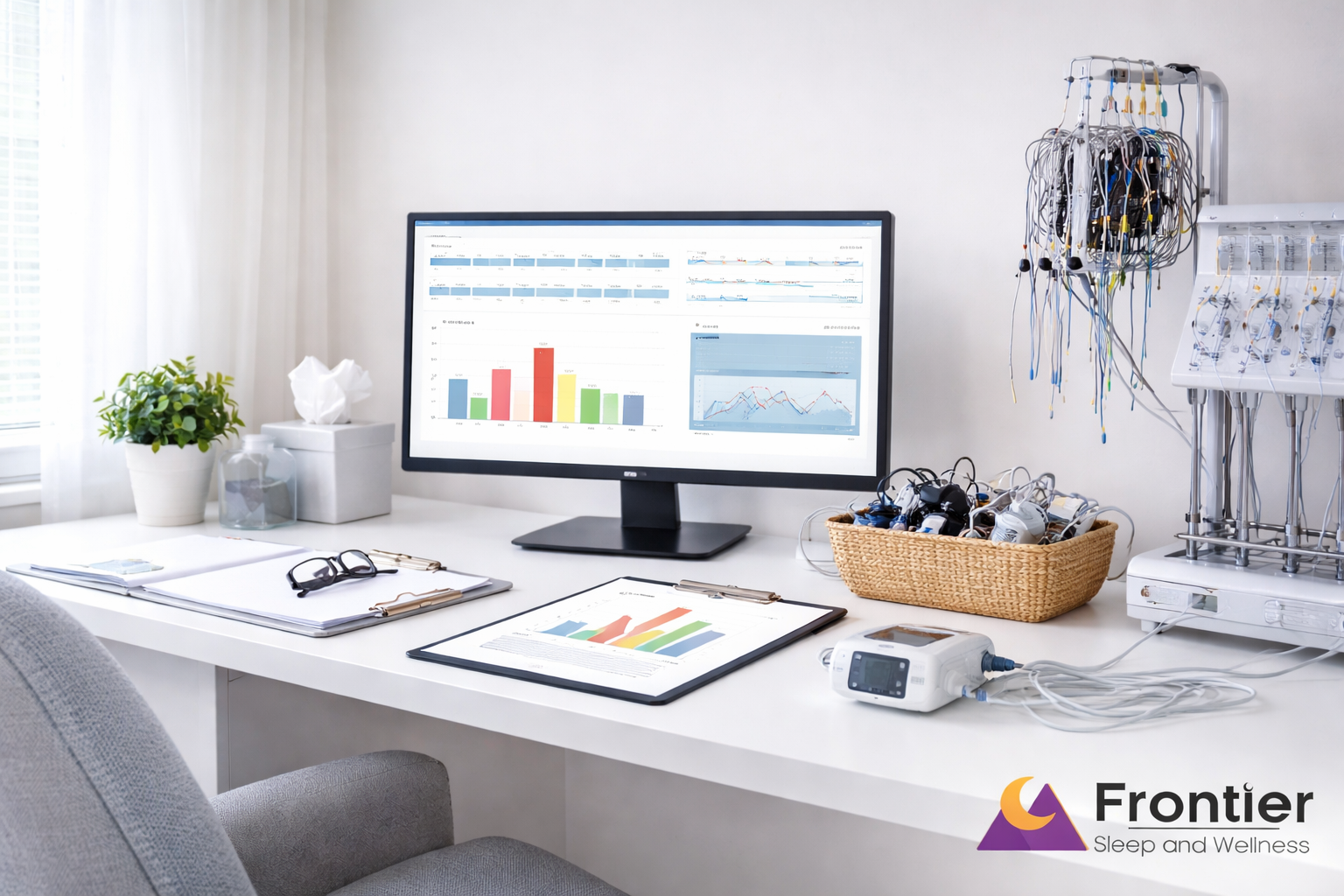 Clean medical office desk with a computer displaying sleep data charts, clipboards with reports, and sleep monitoring equipment and sensors arranged nearby; “Frontier Sleep and Wellness” logo in the corner.