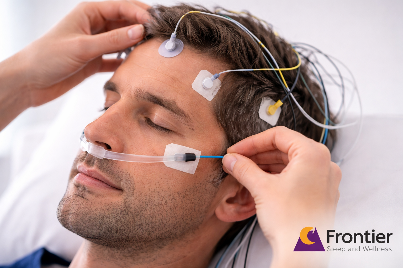 Close-up of a man undergoing a sleep study with electrodes attached to his face and head while a clinician adjusts the sensors; “Frontier Sleep and Wellness” logo in the corner.