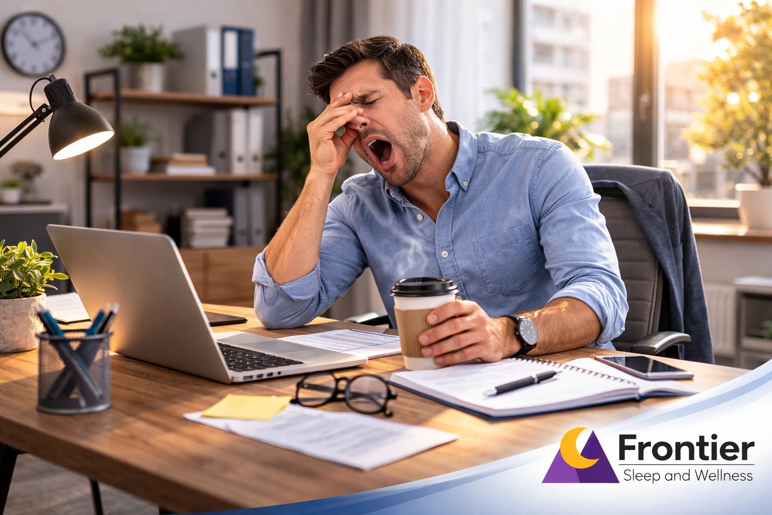 A tired man in a blue shirt sits at a desk in a home office, yawning while rubbing his eyes. He holds a takeaway coffee cup in one hand, with an open laptop, notebook, papers, glasses, and phone spread across the desk. Sunlight streams through a window behind him, and the “Frontier Sleep and Wellness” logo appears in the bottom right corner.