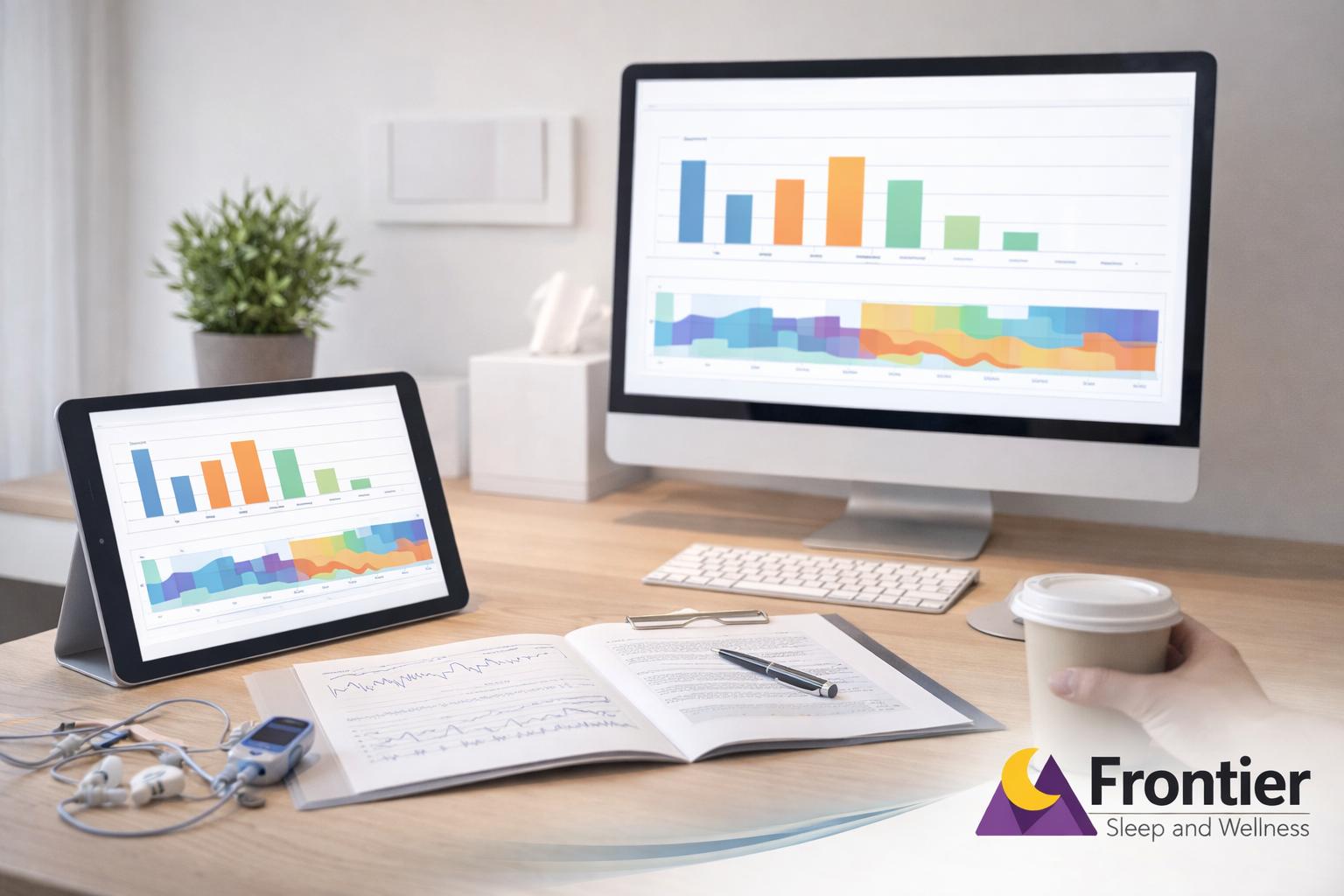 A clean, modern desk setup with a desktop computer and tablet both displaying colorful data charts and graphs. An open notebook with a pen rests in front, alongside a smartphone, earbuds, and a small medical device. A hand holds a takeaway coffee cup, and a potted plant sits in the background. The “Frontier Sleep and Wellness” logo appears in the bottom right corner.