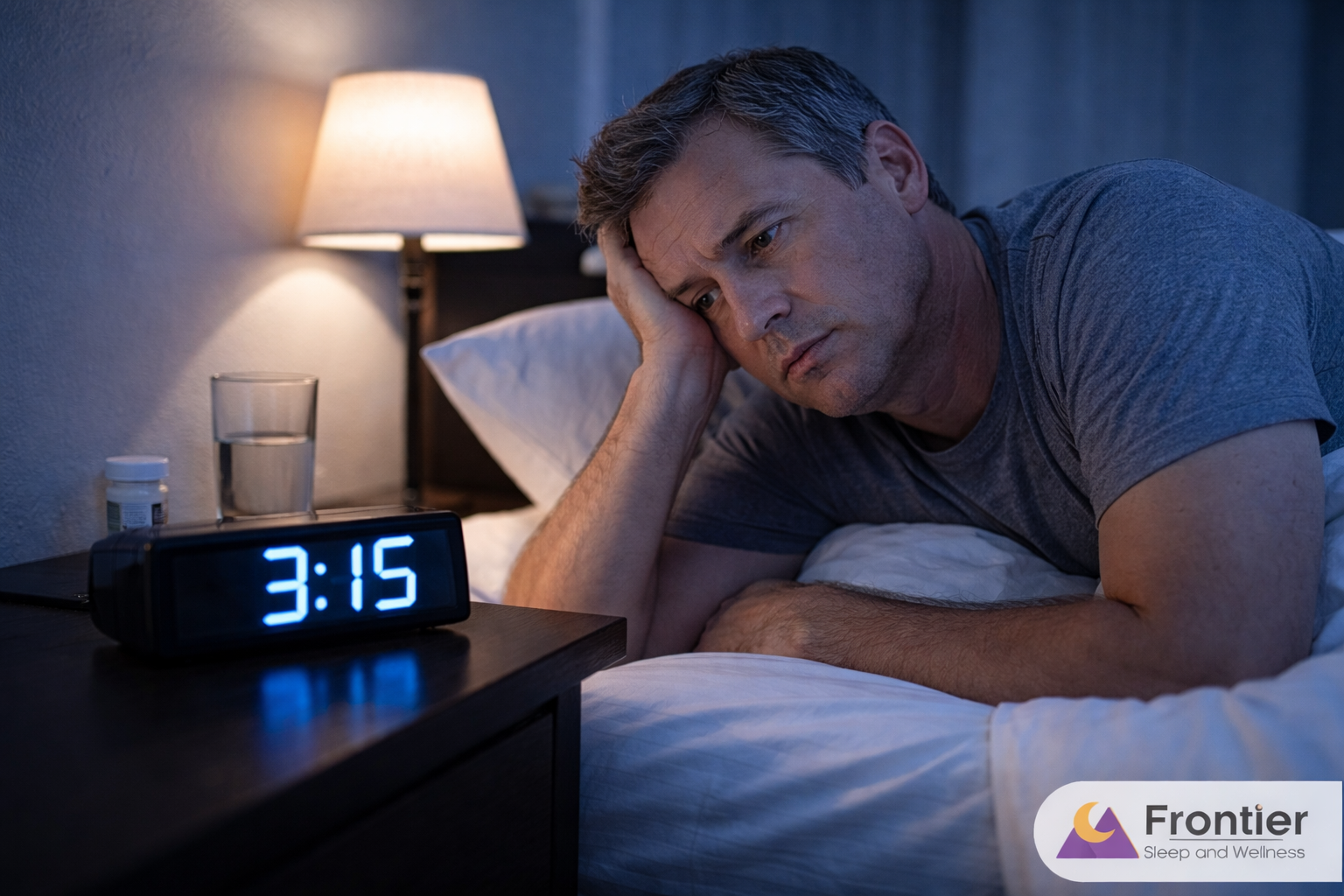 A man lies awake in bed at night, resting his head on his hand and looking tiredly at a digital alarm clock reading 3:15. A glass of water and medication sit on the bedside table next to a softly lit lamp, and the “Frontier Sleep and Wellness” logo appears in the bottom right corner.