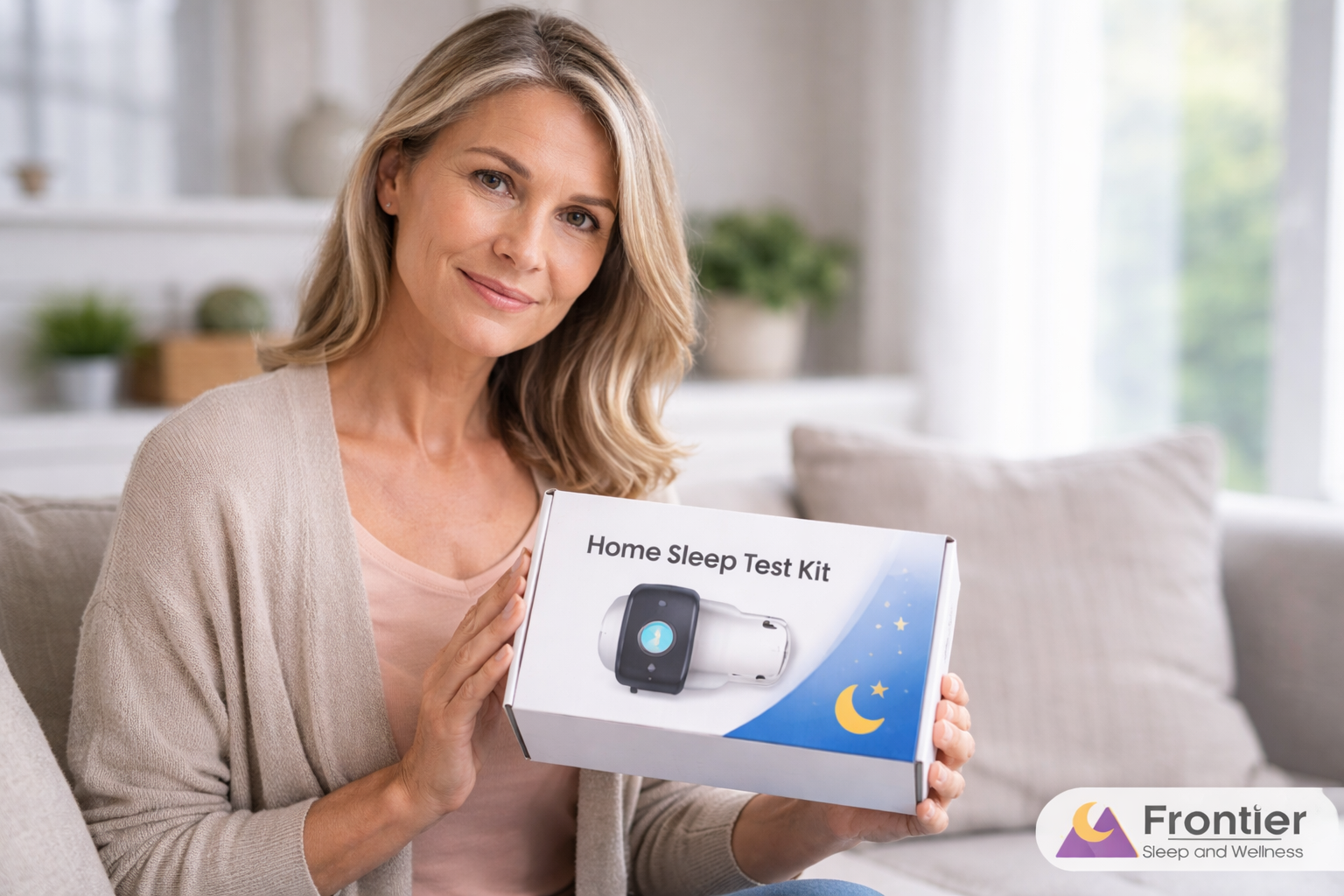 A woman sits on a couch holding and displaying a box labeled “Home Sleep Test Kit,” smiling toward the camera. The packaging shows a wearable sleep monitoring device, and the “Frontier Sleep and Wellness” logo appears in the bottom right corner.