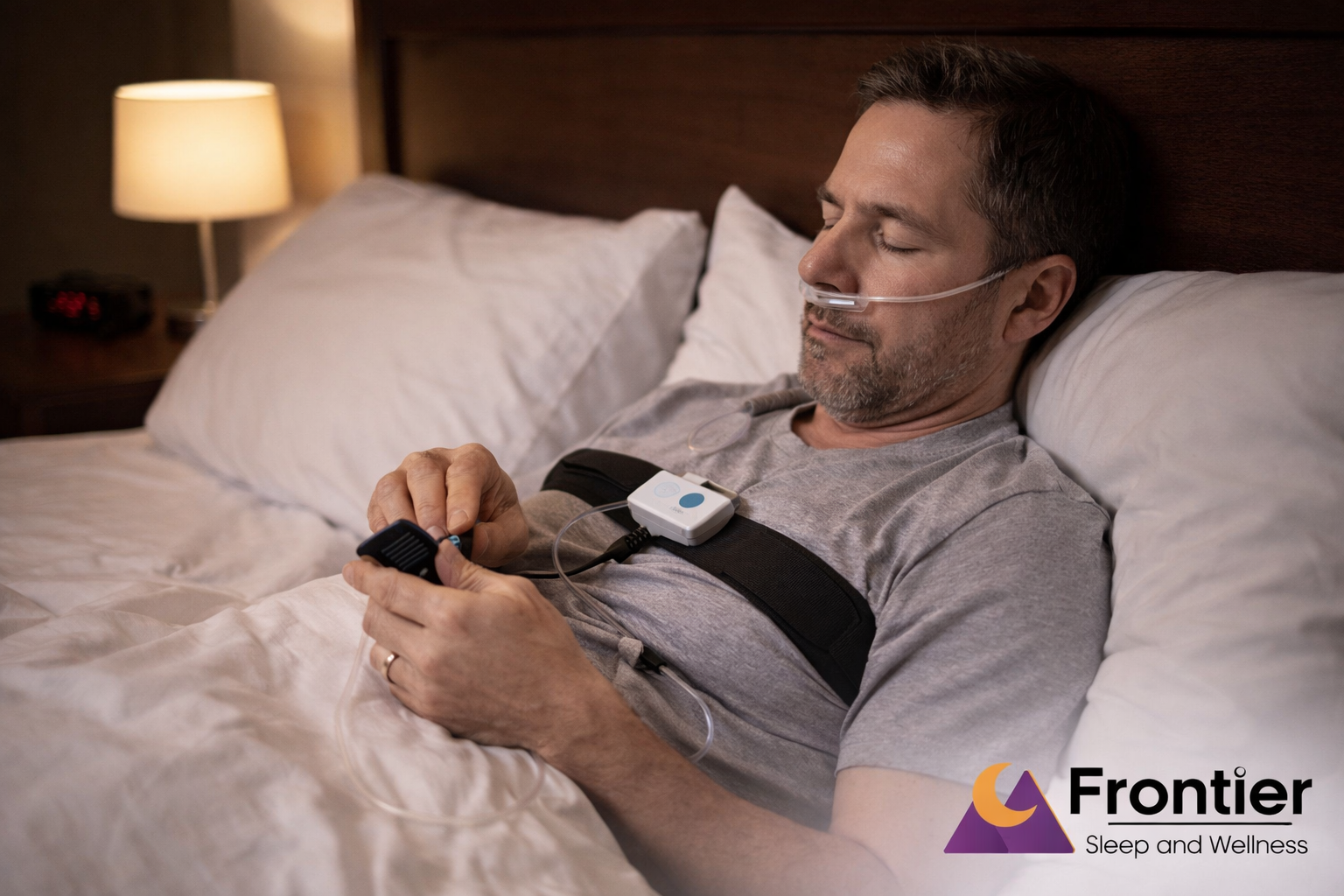 A man lies in bed wearing a home sleep test device, including a nasal cannula and chest monitor, while holding a small sensor. The setup suggests he is preparing for or undergoing an at-home sleep study. The “Frontier Sleep and Wellness” logo appears in the bottom right corner.