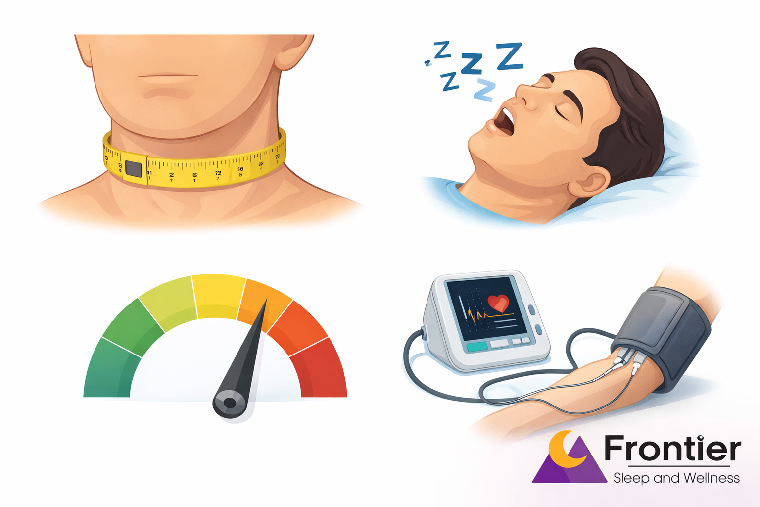 A set of illustrations highlights risk factors and effects of sleep apnea, including a large neck measurement, snoring during sleep, elevated risk indicated by a gauge, and a blood pressure monitor on an arm. The “Frontier Sleep and Wellness” logo appears in the bottom right corner.