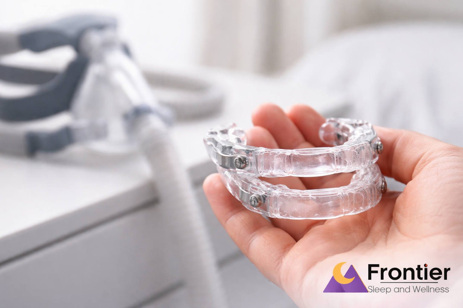 A close-up of a hand holding a clear adjustable dental mouthguard, with a CPAP mask blurred in the background, suggesting alternative sleep apnea treatment options. The “Frontier Sleep and Wellness” logo appears in the bottom right corner.