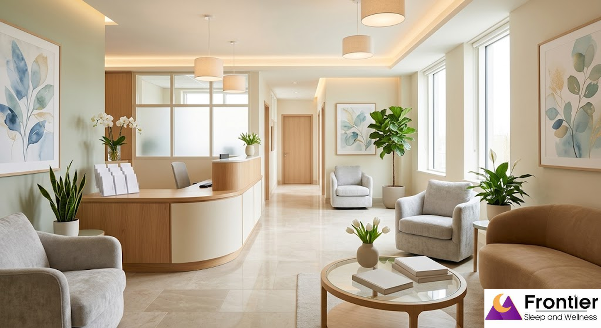 A bright, contemporary medical reception and waiting area featuring soft neutral tones and warm wood accents. A curved reception desk sits to the left, while the waiting area includes plush grey armchairs, a round glass coffee table with white tulips, and botanical wall art. The space is filled with natural light from large windows and decorated with various indoor plants, including a fiddle leaf fig and snake plant. The Frontier Sleep and Wellness logo is displayed in the bottom right corner.