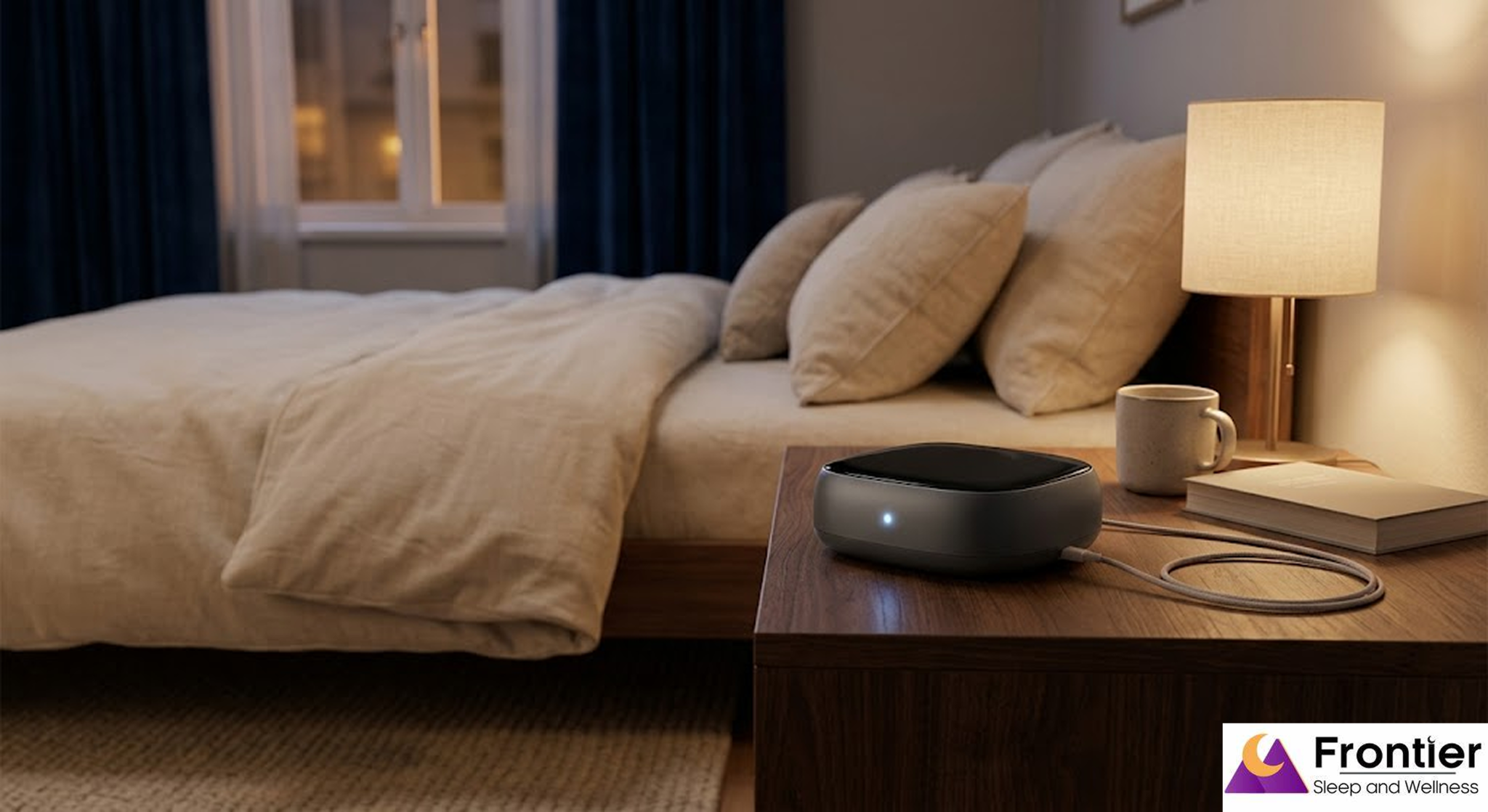 A modern, sleek sleep tracking device with a small glowing blue light sits on a wooden nightstand in a dimly lit, cozy bedroom. Beside the device are a ceramic mug and a book, positioned under the warm glow of a bedside lamp. In the background, a neatly made bed with neutral-toned linens is visible against a window with dark curtains. The Frontier Sleep and Wellness logo is located in the bottom right corner.