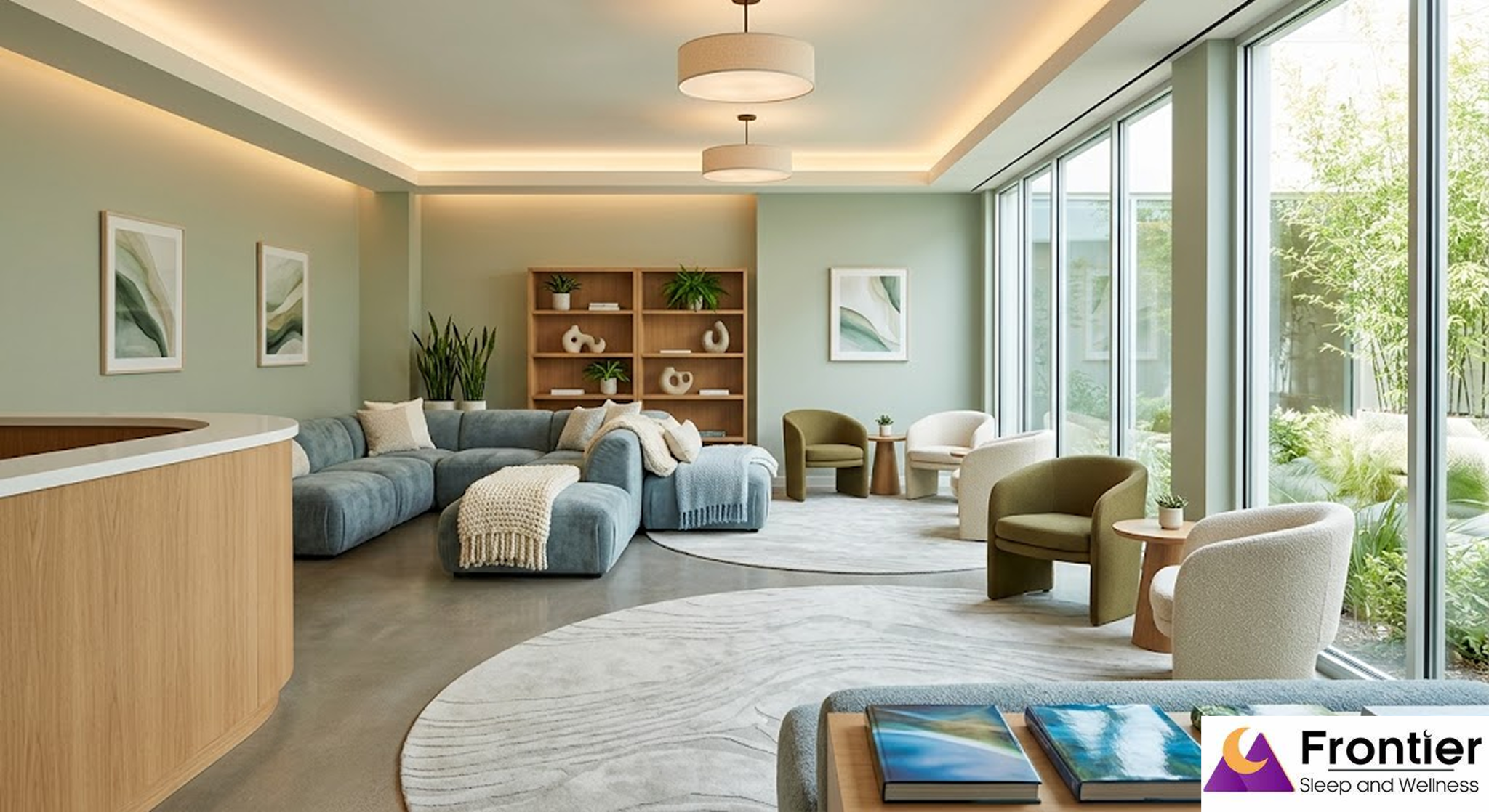 A spacious and serene wellness center waiting room with Sage green walls and warm cove lighting. The room features a large, plush blue sectional sofa with cozy throw blankets, several modern olive green and cream armchairs arranged on circular grey rugs, and floor-to-ceiling windows overlooking a lush outdoor garden. A wooden bookshelf with minimalist decor and potted plants stands against the far wall. The Frontier Sleep and Wellness logo is visible in the bottom right corner.