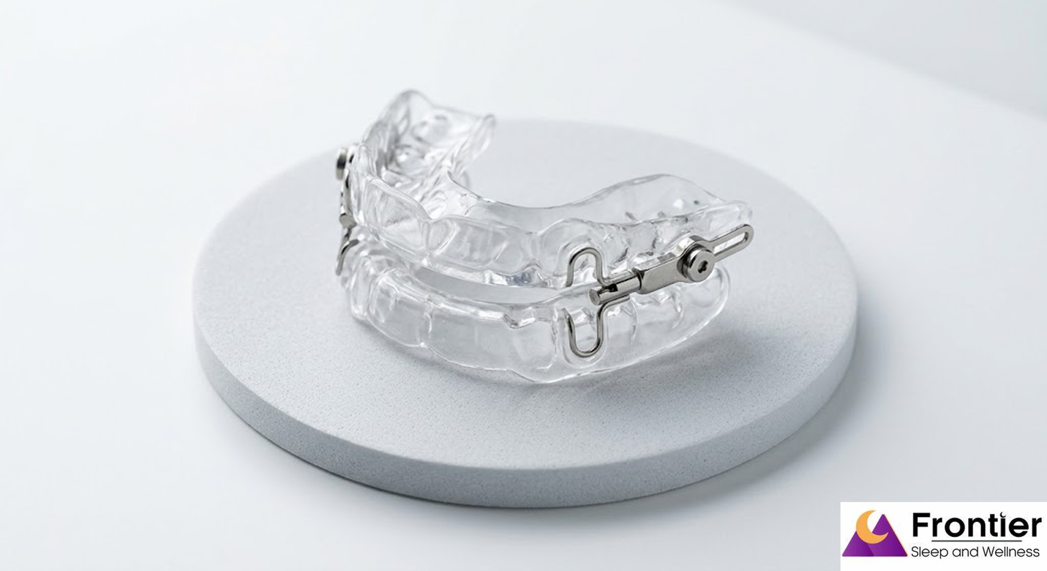 A clear, custom-fitted oral appliance for sleep apnea, featuring metal adjustment hinges on the sides, sits on a round grey display base. The medical device is shown against a clean, bright white background. The Frontier Sleep and Wellness logo is featured in the bottom right corner.