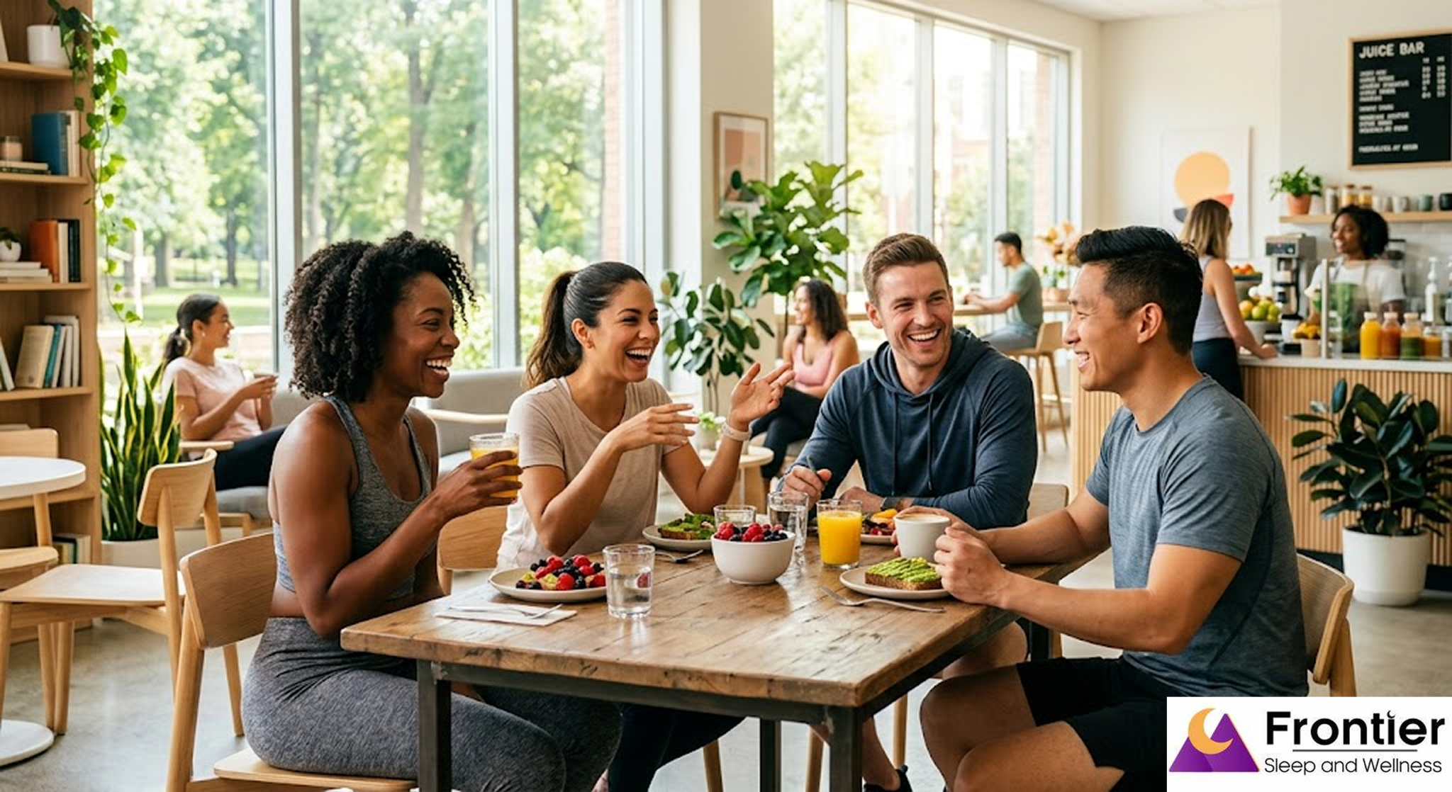 A diverse group of four energetic friends sits around a rustic wooden table in a bright, modern cafe, laughing and enjoying a healthy brunch. They are dressed in athletic wear, with fresh fruit bowls, avocado toast, and juices spread before them. Large floor-to-ceiling windows in the background reveal a sunny park, while the cafe interior features light wood shelving and lush indoor plants. The Frontier Sleep and Wellness logo is positioned in the bottom right corner.