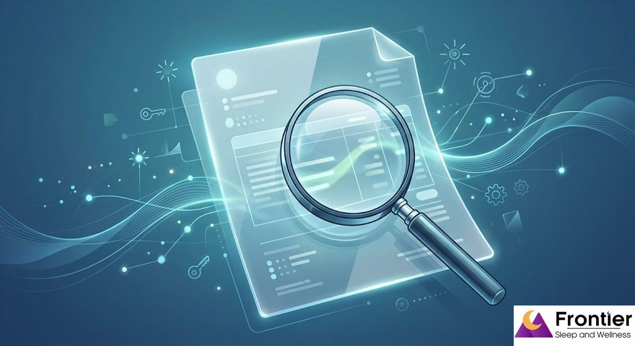 A digital illustration featuring a glowing, translucent document being examined under a large magnifying glass. The scene is set against a dark teal background filled with abstract data visualizations, including flowing wave lines, gear icons, and keys, suggesting a detailed review or audit. The Frontier Sleep and Wellness logo is visible in the bottom right corner.
