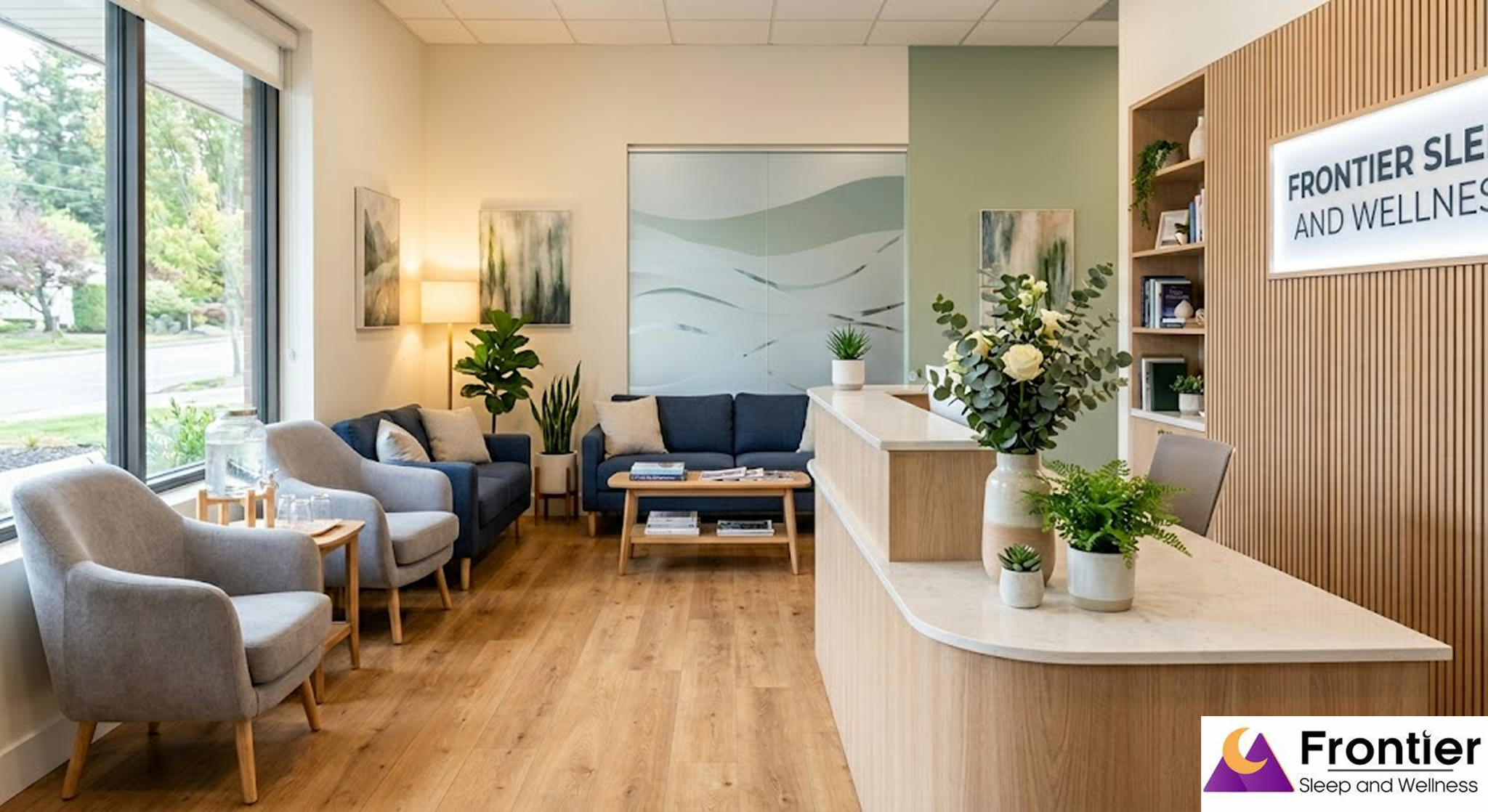 A modern and inviting reception area for Frontier Sleep and Wellness. The space features a sleek wooden reception desk with white roses and greenery, a comfortable waiting area with navy blue sofas and grey armchairs, and light wood flooring. A backlit sign on a slatted wood wall displays "Frontier Sleep and Wellness," and the company logo is also visible in the bottom right corner.