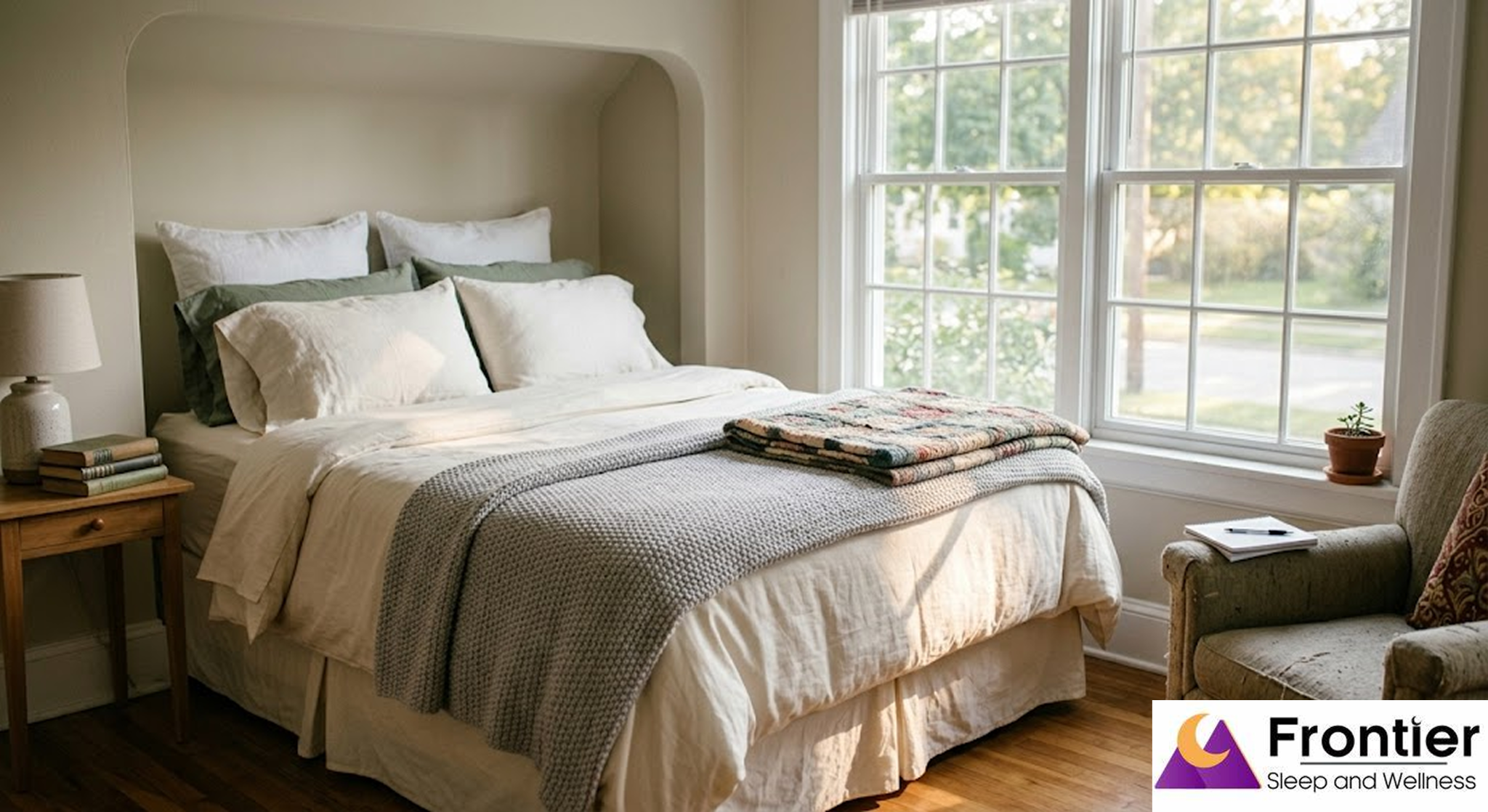 A bright, cozy bedroom featuring a neatly made bed with cream linens, sage green pillows, and a grey knit throw. The bed is tucked into an arched alcove next to a large window that lets in natural light. To the right, an armchair holds a notebook and pen, and the Frontier Sleep and Wellness logo is positioned in the bottom right corner.