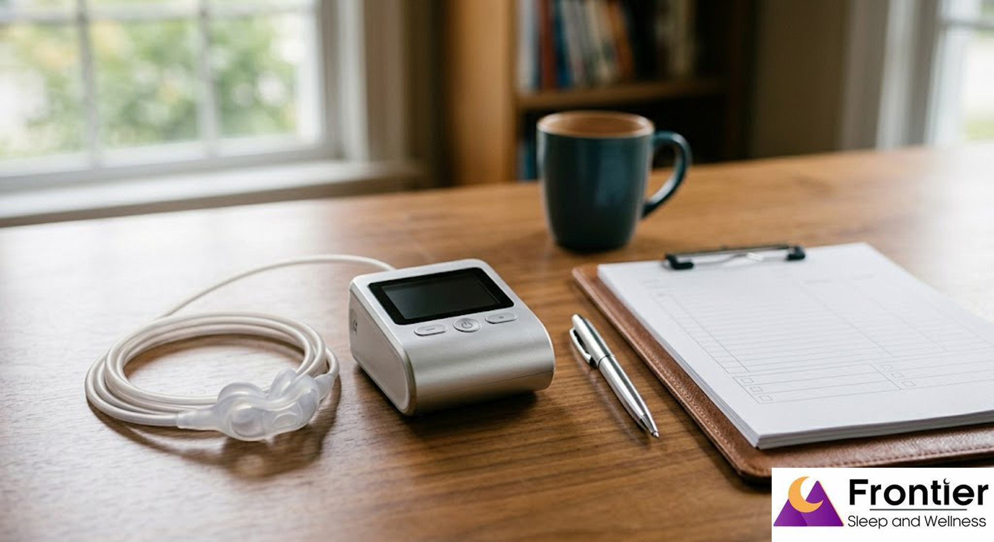 A portable home sleep test device with a digital screen and nasal cannula sits on a wooden table. Beside it are a silver pen, a clipboard with a checklist, and a dark blue mug. The Frontier Sleep and Wellness logo is visible in the bottom right corner against a blurred background of a window and bookshelf.