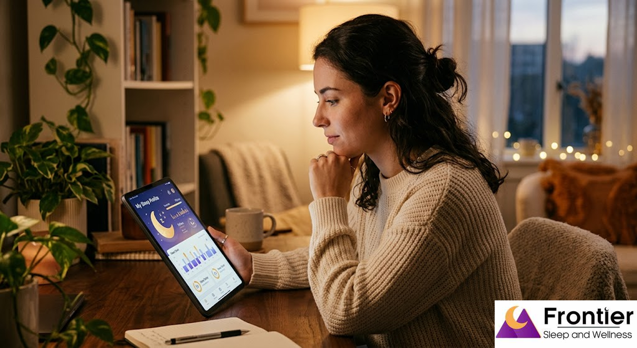 A woman in a cream-colored sweater sits at a wooden desk in the evening, intently reviewing a sleep-tracking app on a tablet. The room is warmly lit with soft lamps and string lights, featuring potted plants and a bookshelf in the background. The Frontier Sleep and Wellness logo is displayed in the bottom right corner.