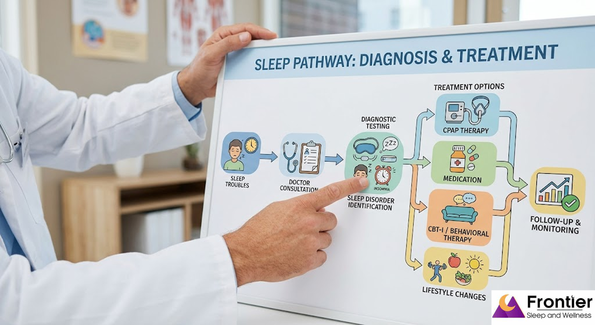 A healthcare professional in a white lab coat points to a "Sleep Pathway: Diagnosis & Treatment" infographic on a whiteboard. The chart illustrates a journey from sleep troubles and doctor consultations to diagnostic testing and various treatment options like CPAP therapy, medication, and lifestyle changes. The Frontier Sleep and Wellness logo is in the bottom right corner.