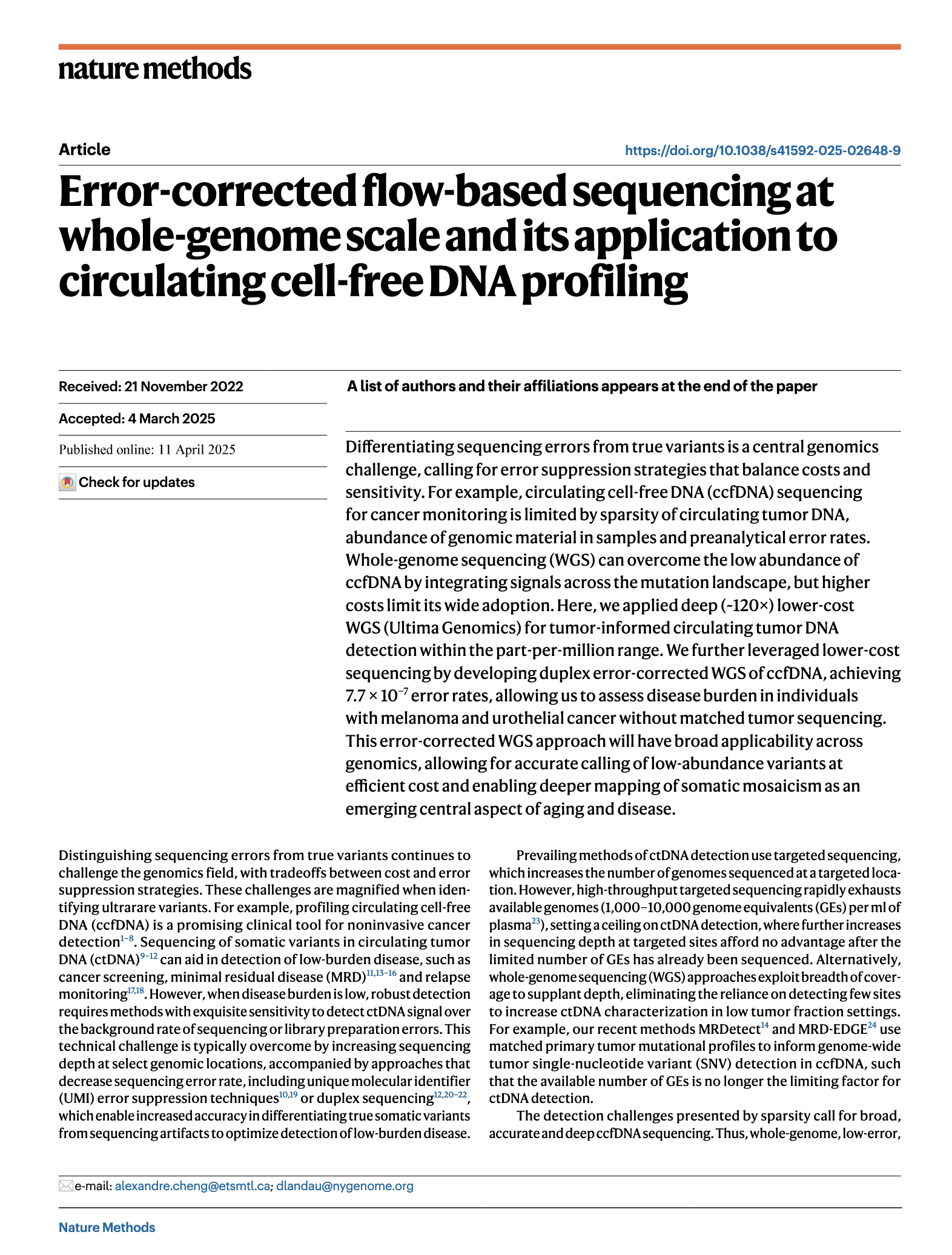 Thumbnail of article about error-corrected flow-based sequencing at whole-genome scale