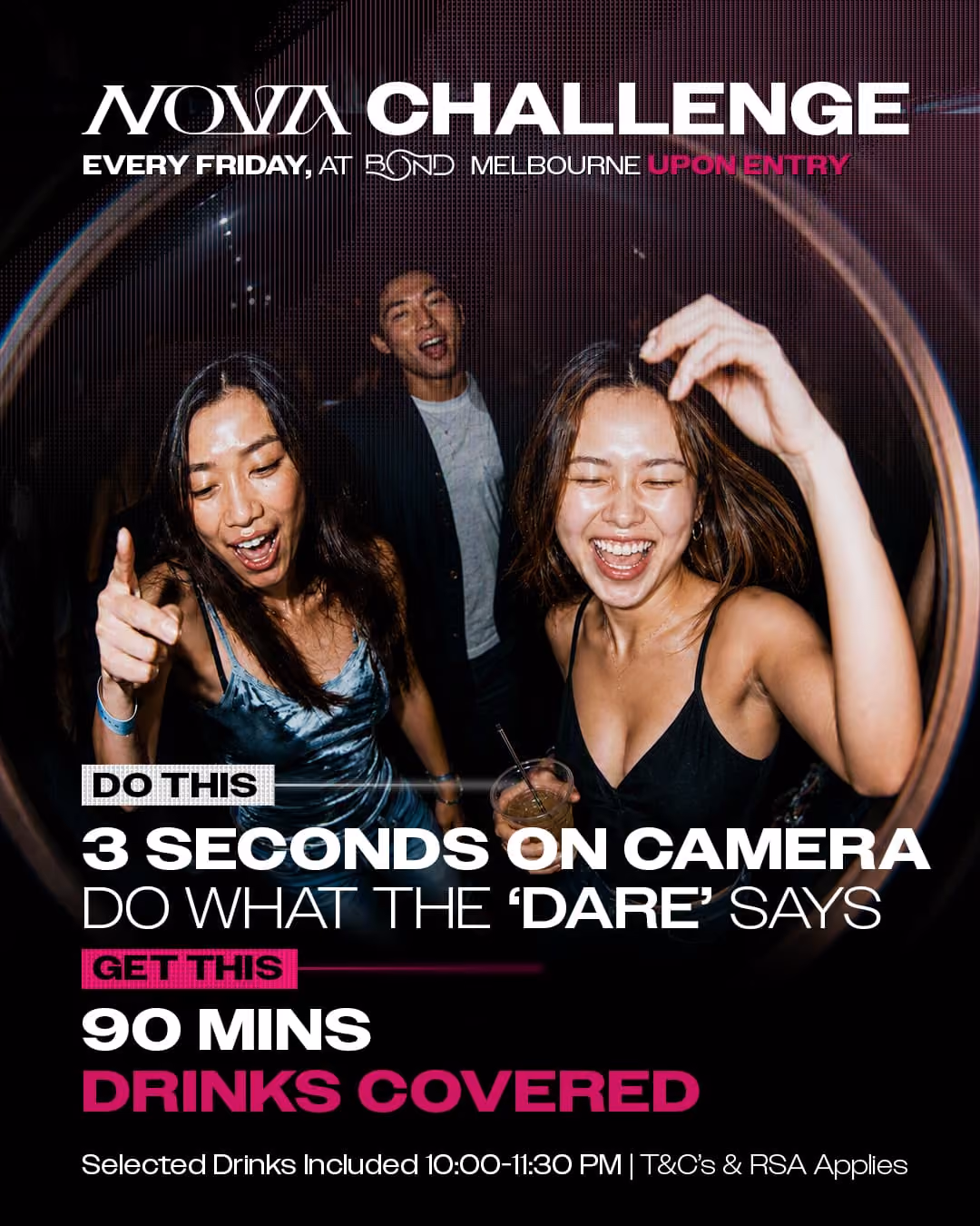 Nova Challenge promo card: Spend 3 seconds on camera to win a prize.