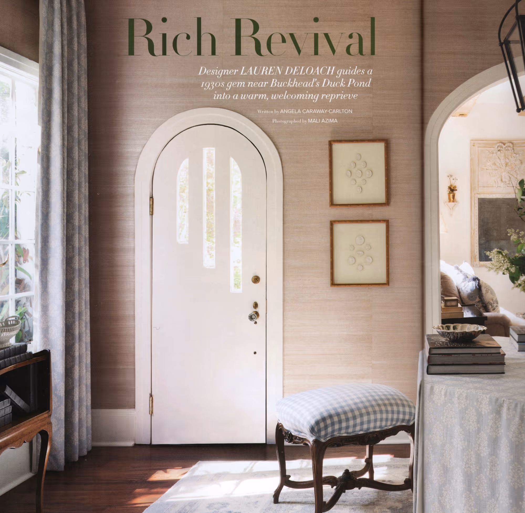An inviting entryway designed by Lauren DeLoach, with a soft neutral palette, gingham-upholstered bench, and delicate layering of textures that evoke a warm 1930s revival.
