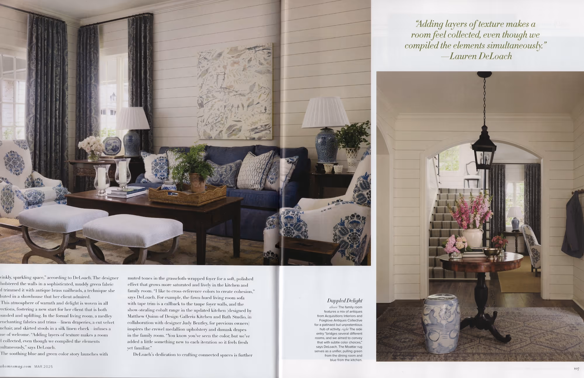 A thoughtfully layered living room and foyer by Lauren DeLoach, where tailored upholstery, patterned drapery, and a Moattar rug ground the space in classic Southern elegance and timeless cohesion.