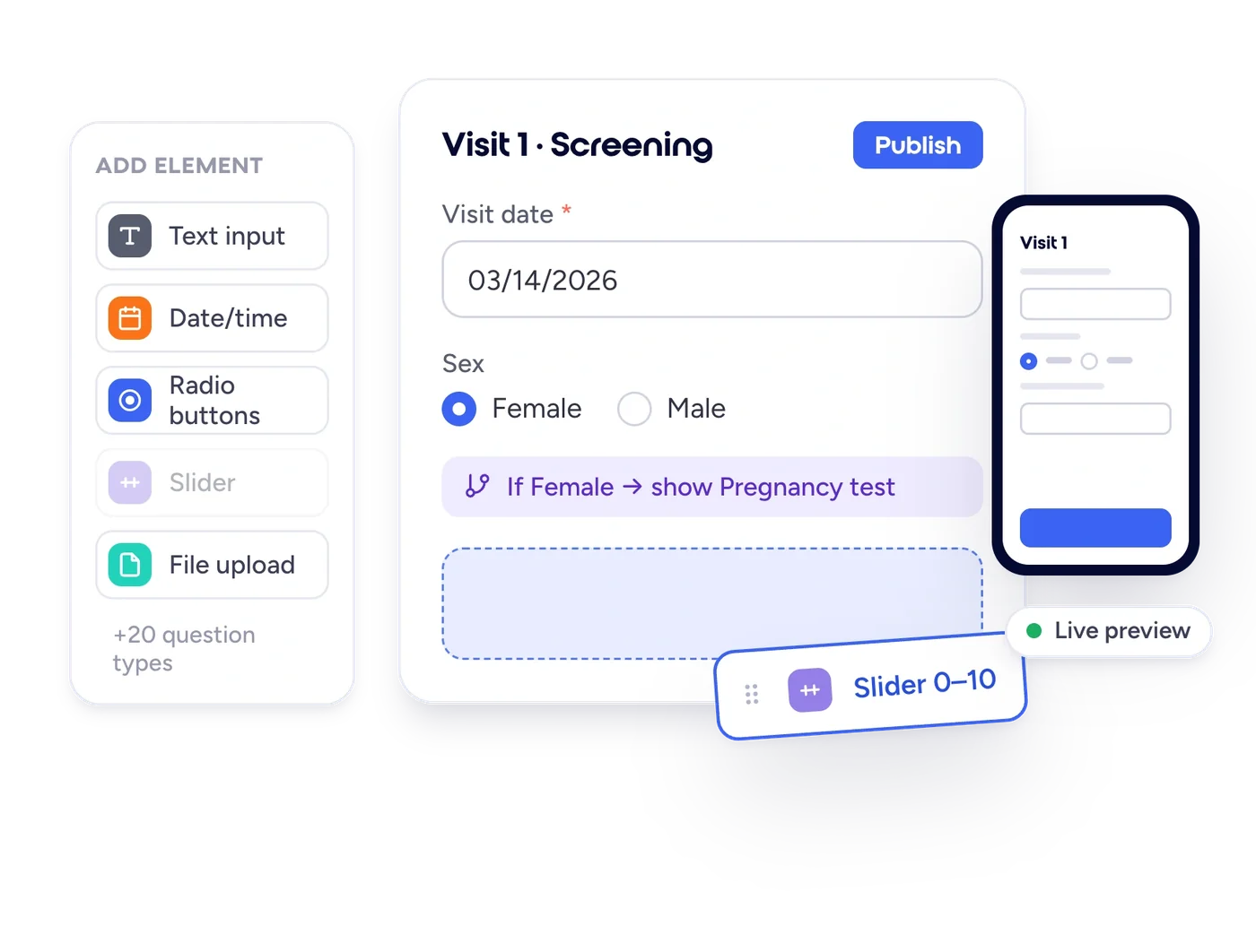 Datacapt eCRF visual builder: drag-and-drop question types, conditional logic and live mobile preview
