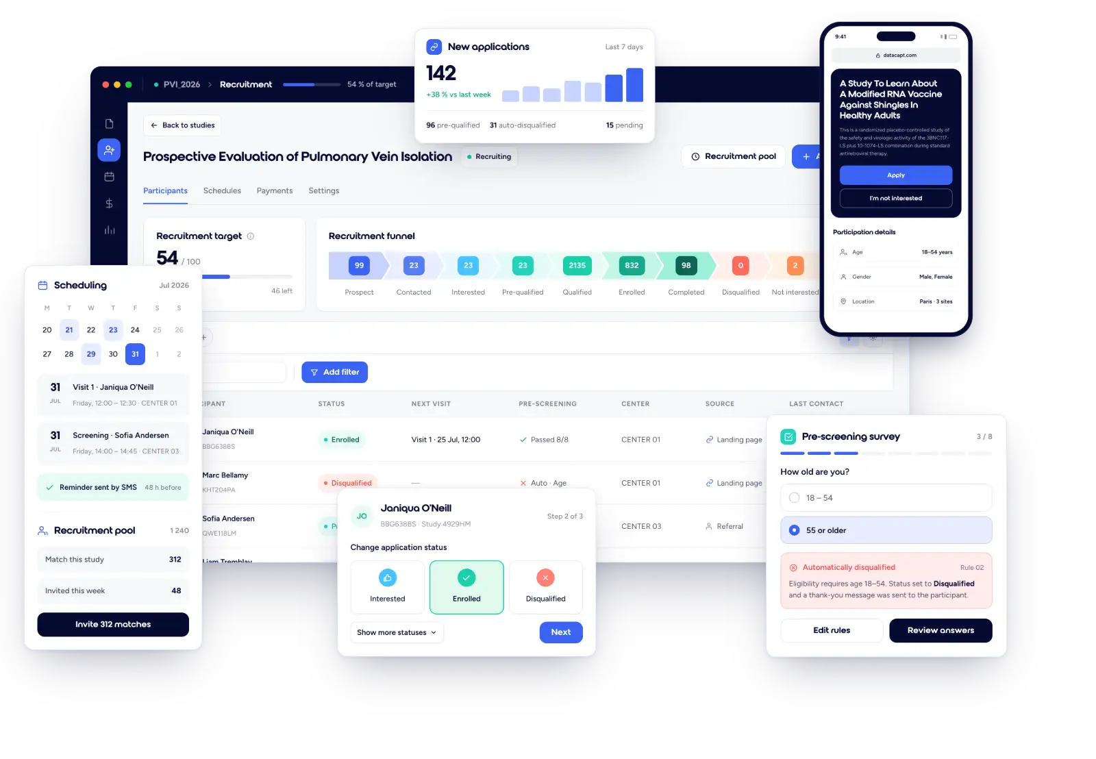 Datacapt patient recruitment funnel, pre-screening survey and visit scheduling